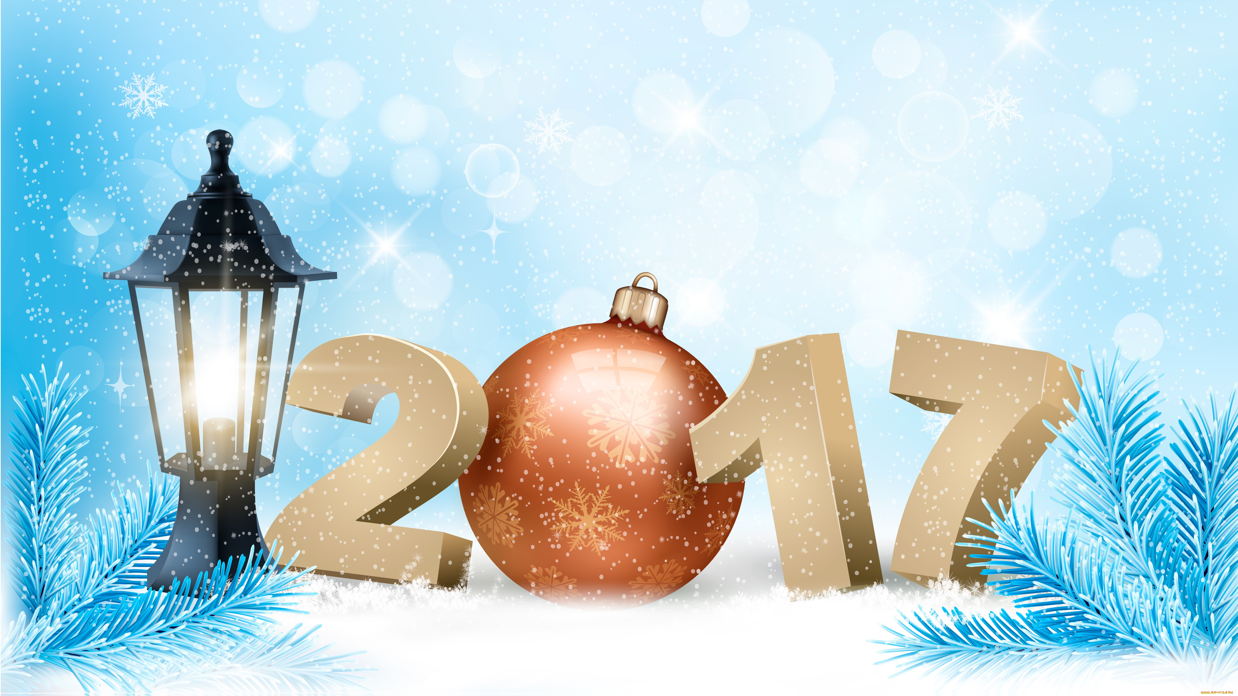 праздничные, векторная, графика, , новый, год, дата, новый, 2017, год, хвоя, вектор, снег, фон, праздник, снегопад, зима, ёлочная, снежинки, шарик, голубой, игрушка, цифры, еловые, ветки, фонарь