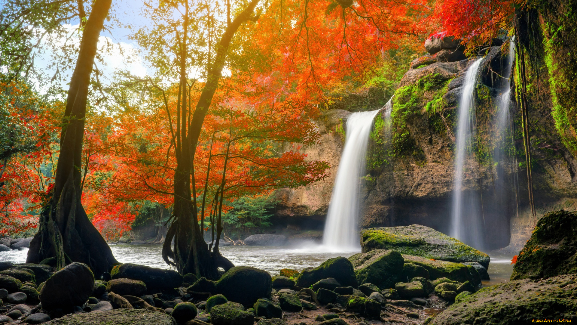 природа, водопады, водопад, autumn, waterfall, осень, лес, каскад, вода, река, beautiful, nature, river, forest