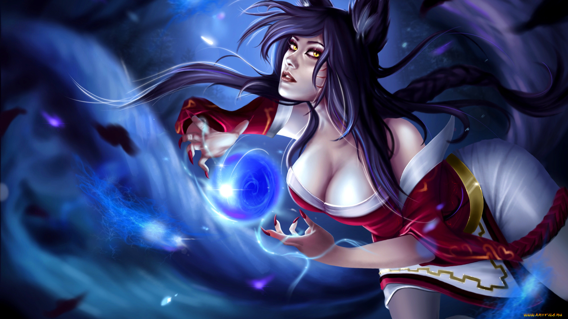 видео, игры, league, of, legends, девушка, фон, взгляд, магия, ahri