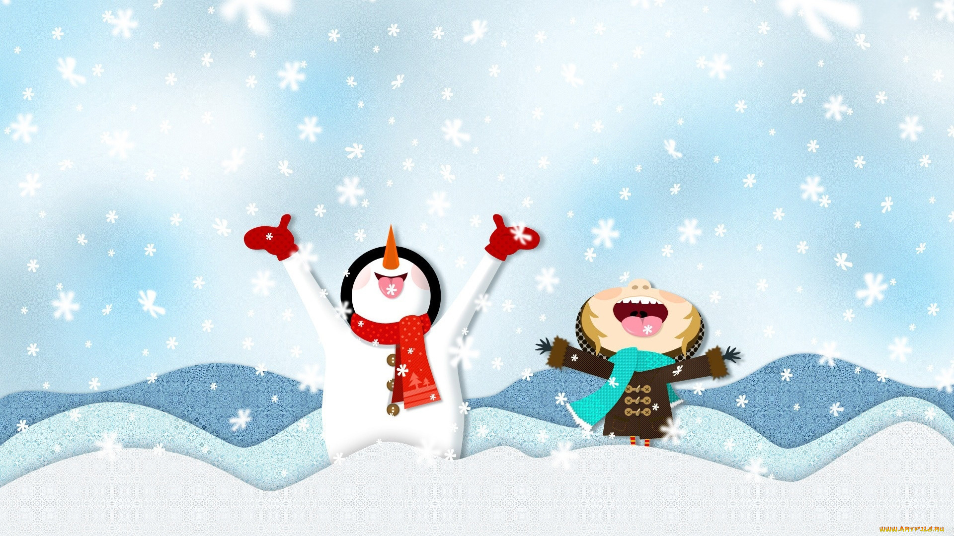праздничные, векторная, графика, новый, год, девочка, снеговик, снег, снежинки, радость