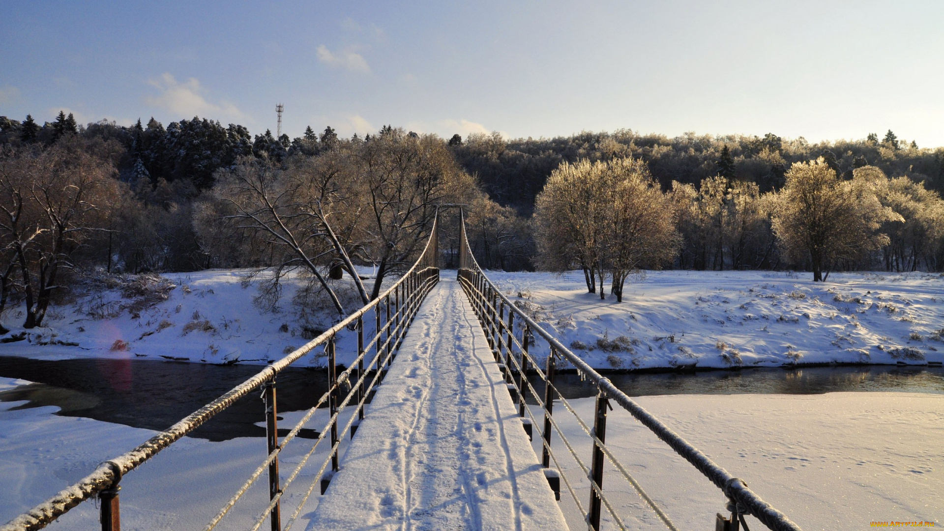 природа, зима, мост, река, снег