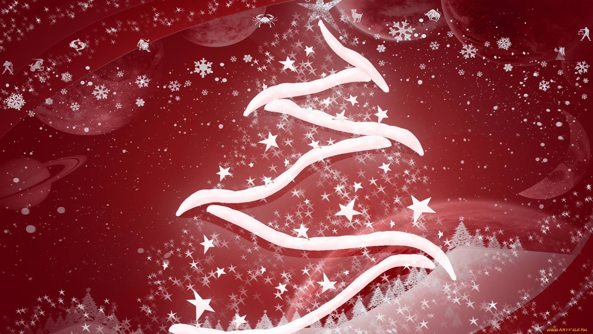 red, tree, праздничные, векторная, графика, новый, год, звезды, ёлка, снежинки