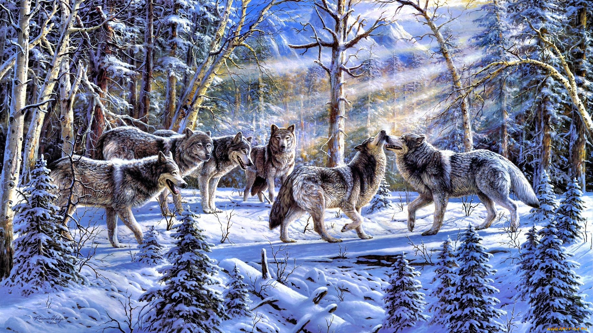 рисованные, животные, , волки, снег, ronnie, hedge
