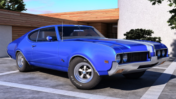 обоя автомобили, 3д, синий, 442, oldsmobile, 1969
