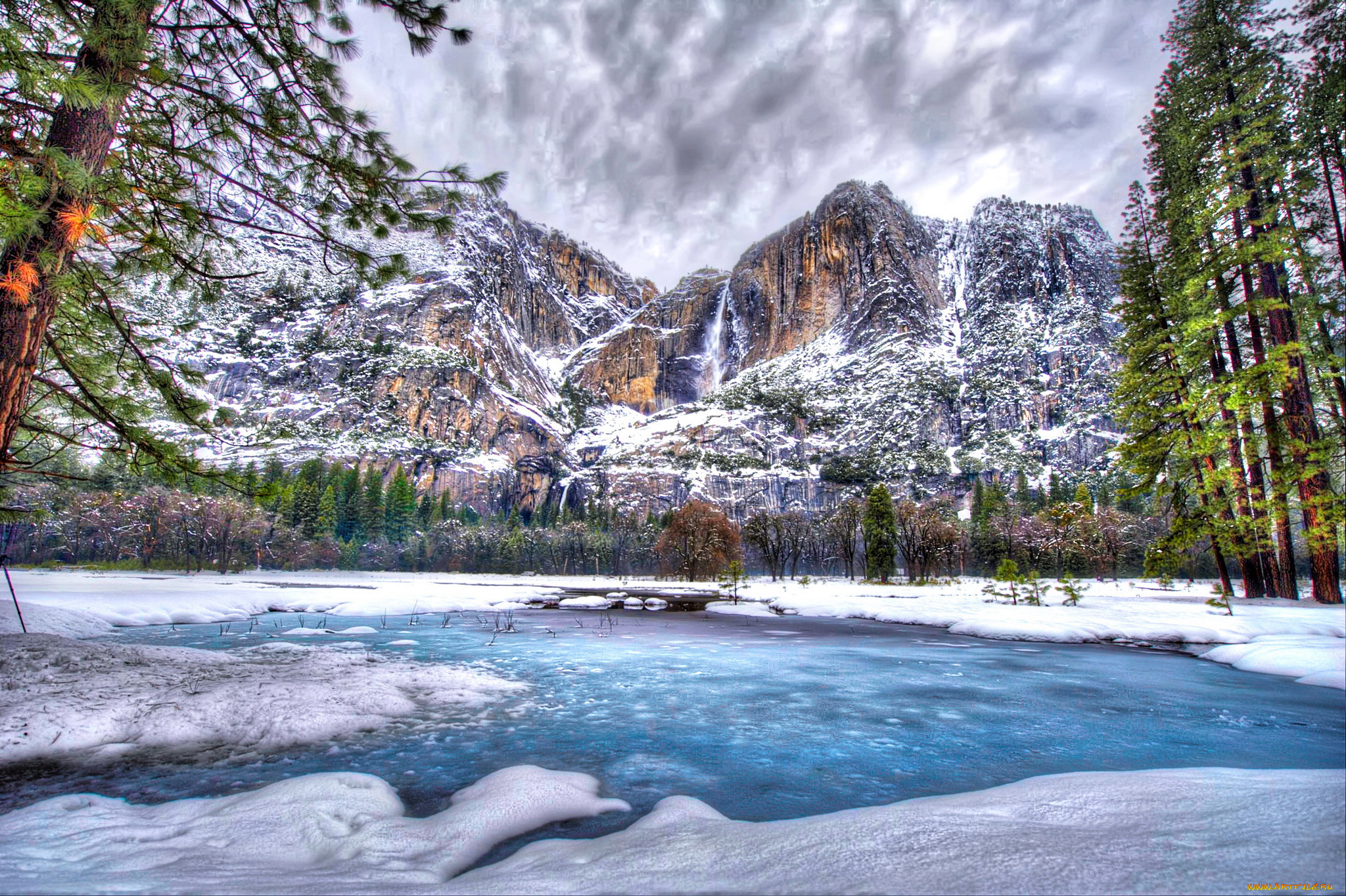 природа, зима, река, деревья, снег, горы, yosemite