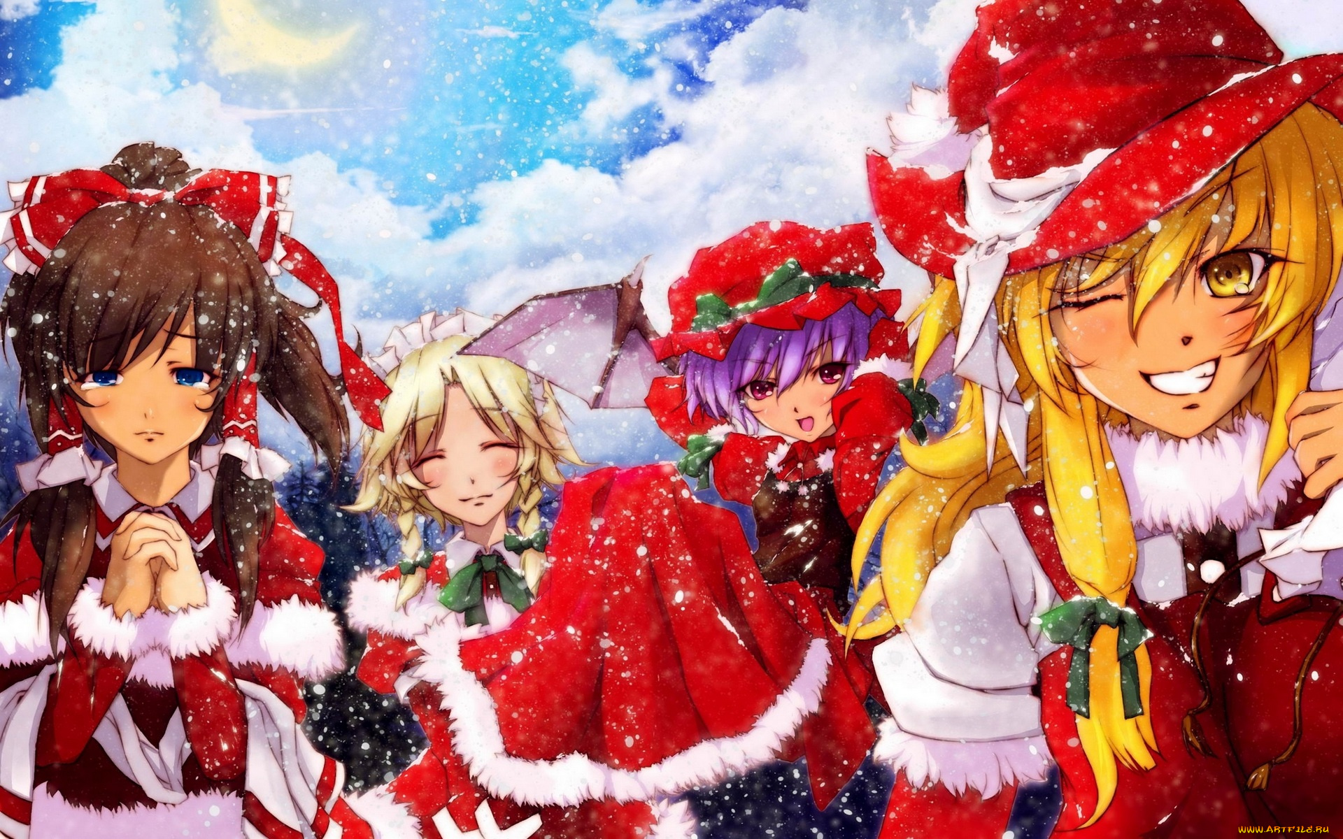 аниме, touhou, снег, костюмы, девушки