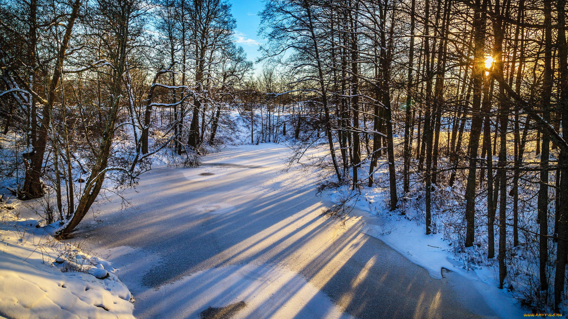 природа, реки, озера, мороз, зима, деревья, winter, рассвет, river, тень, солнце, небо, река, snow, лед