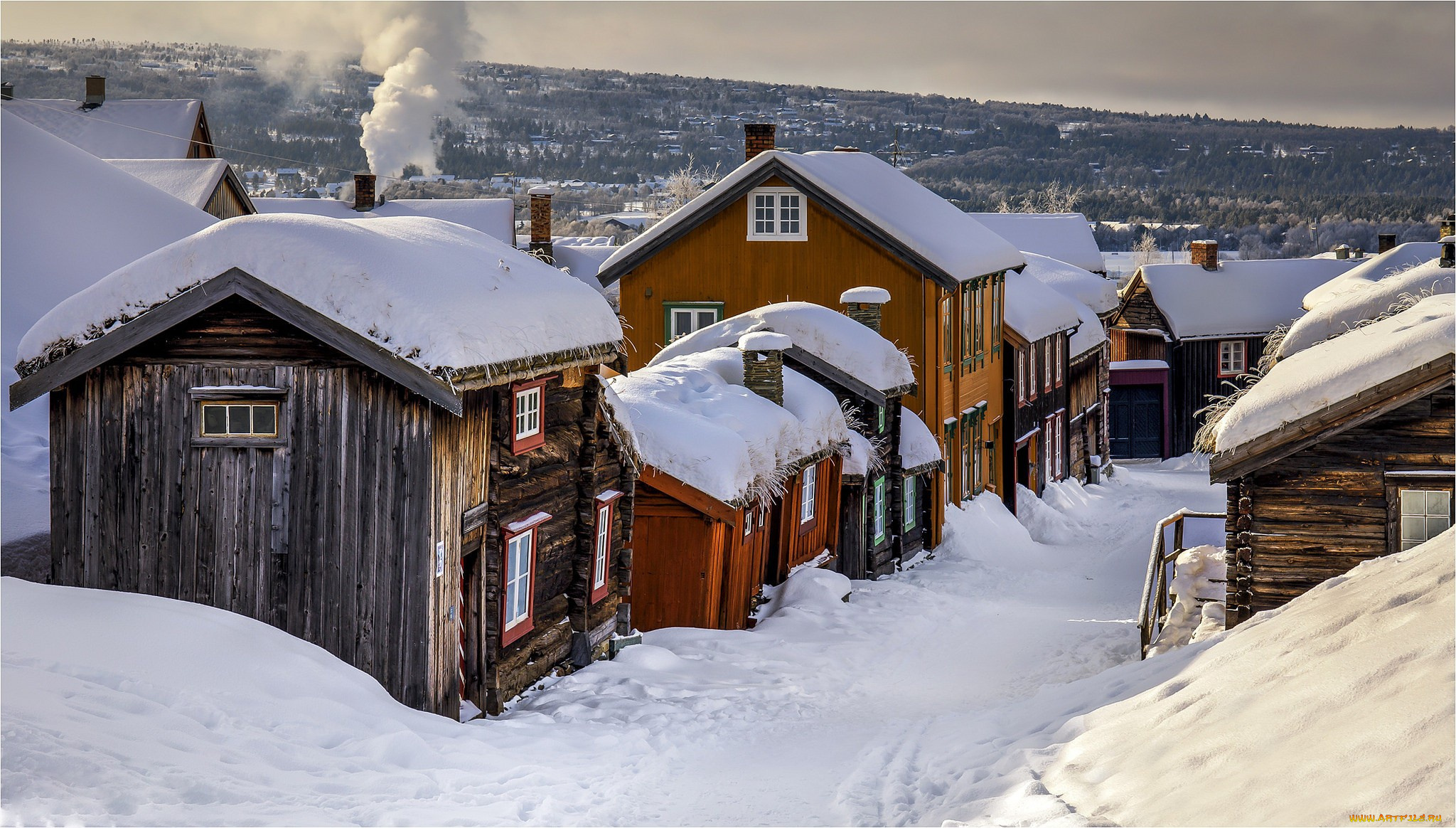 города, -, здания, , дома, деревня, норвегия, зима