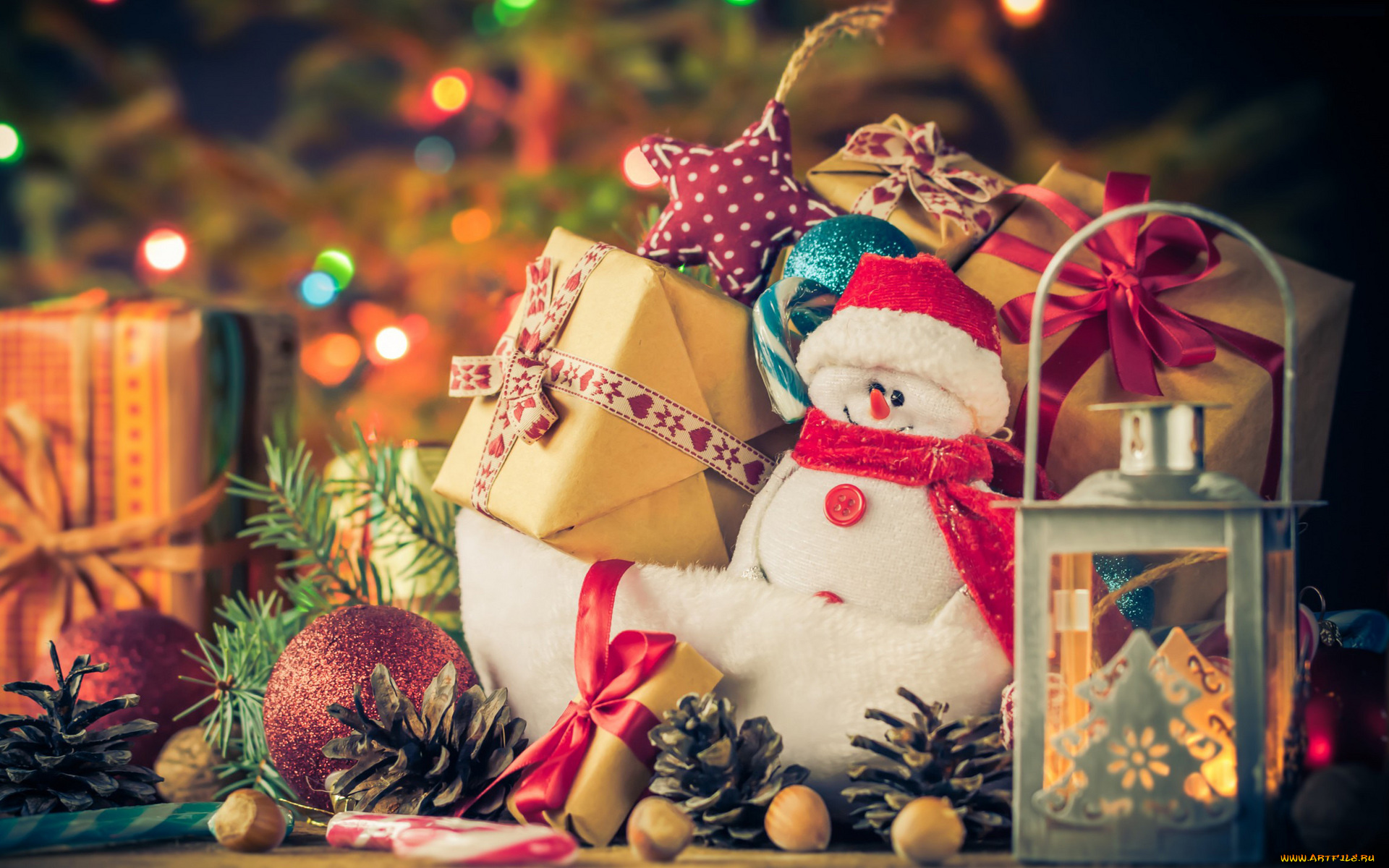праздничные, подарки, и, коробочки, шарики, коробки, снеговик, фонарь