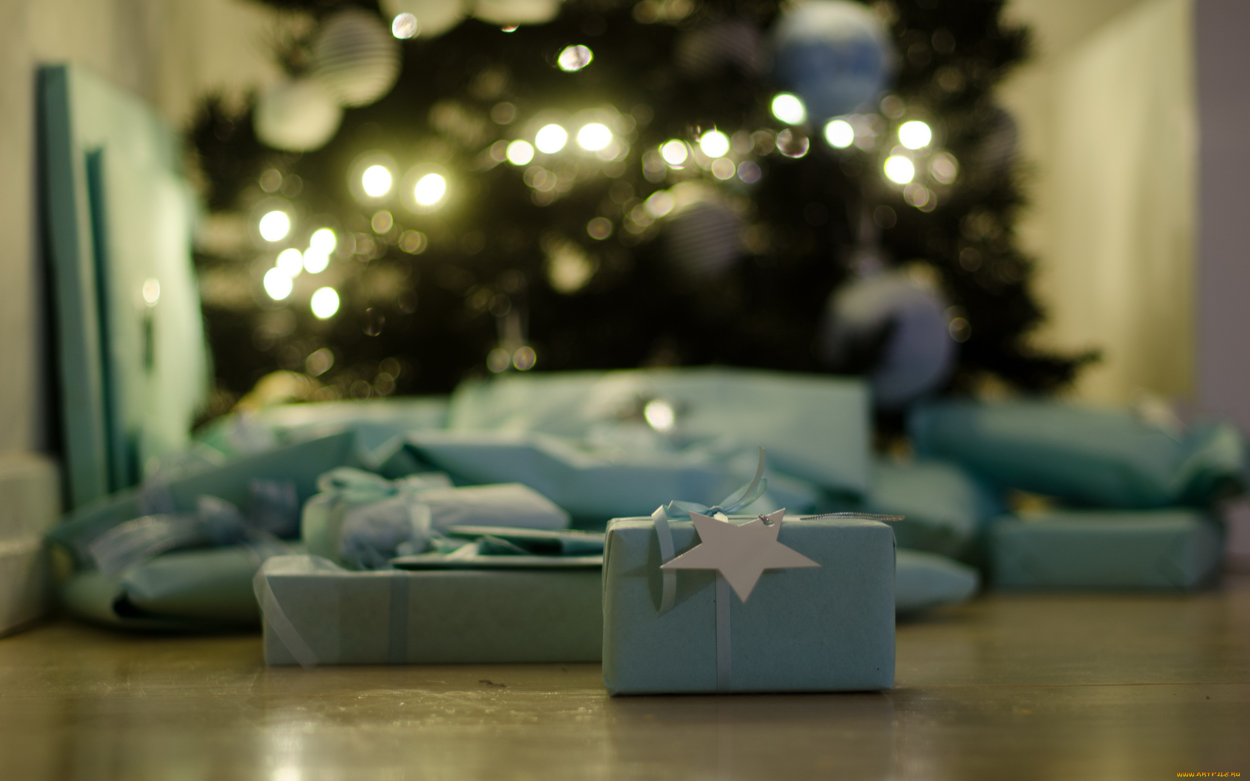 праздничные, подарки, и, коробочки, блики, ёлка, пол, подарки, коробки