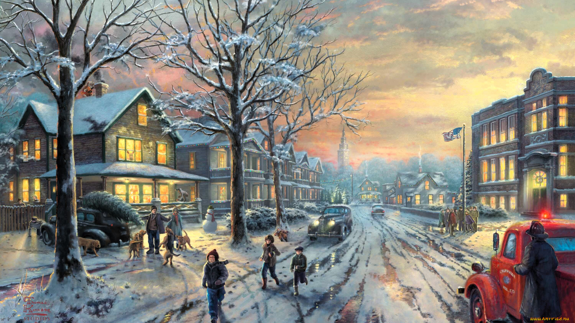 рисованное, thomas, kinkade, люди, улица, снег, елка