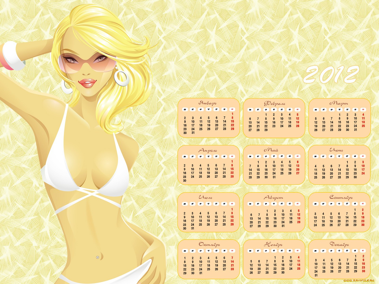 календари, рисованные, векторная, графика, блондинка, купальник, девушка
