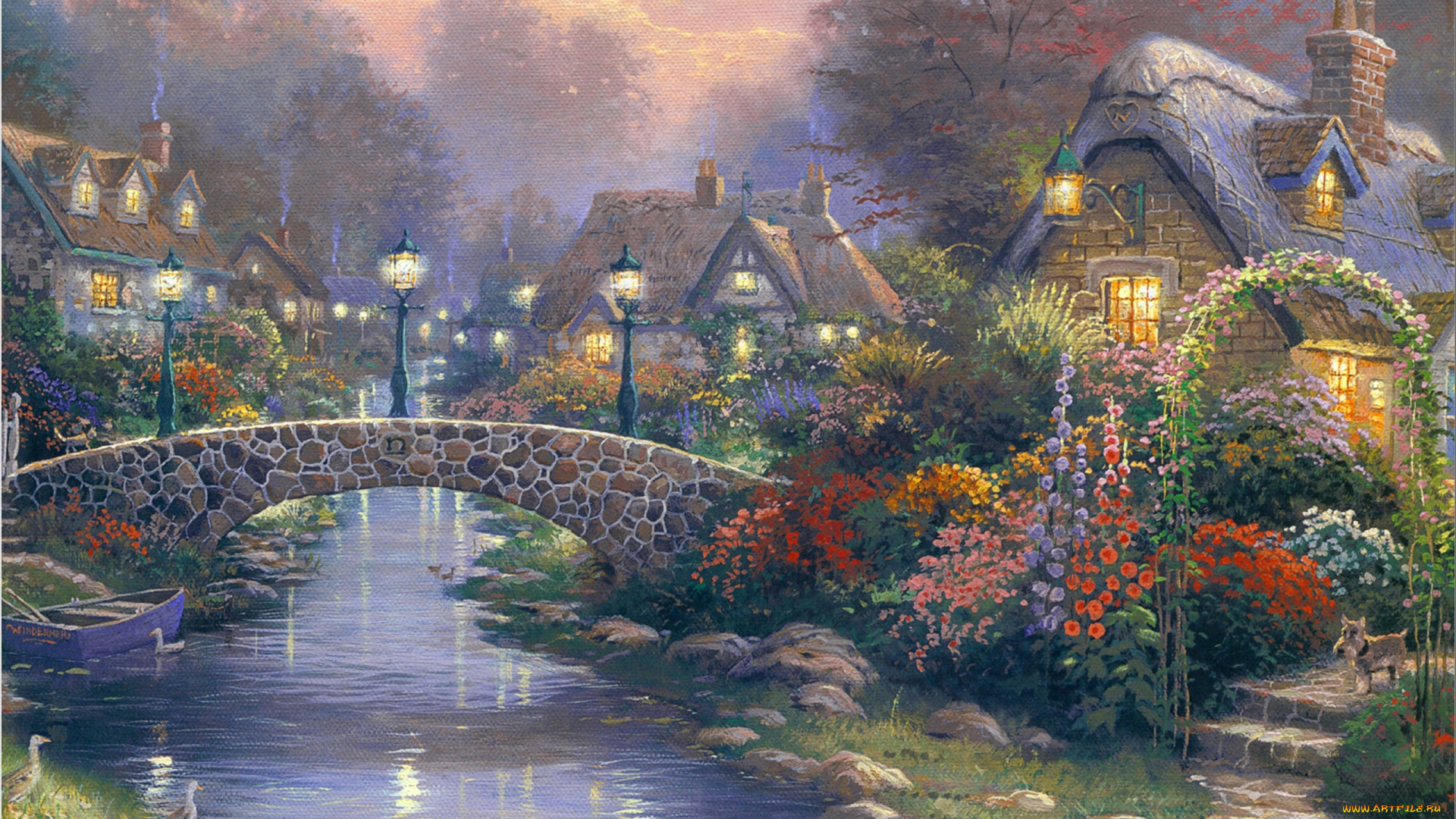 lamplight, bridge, рисованные, thomas, kinkade, evening, painting, art, томас, кинкейд, живопись, мост, фонари, вечер