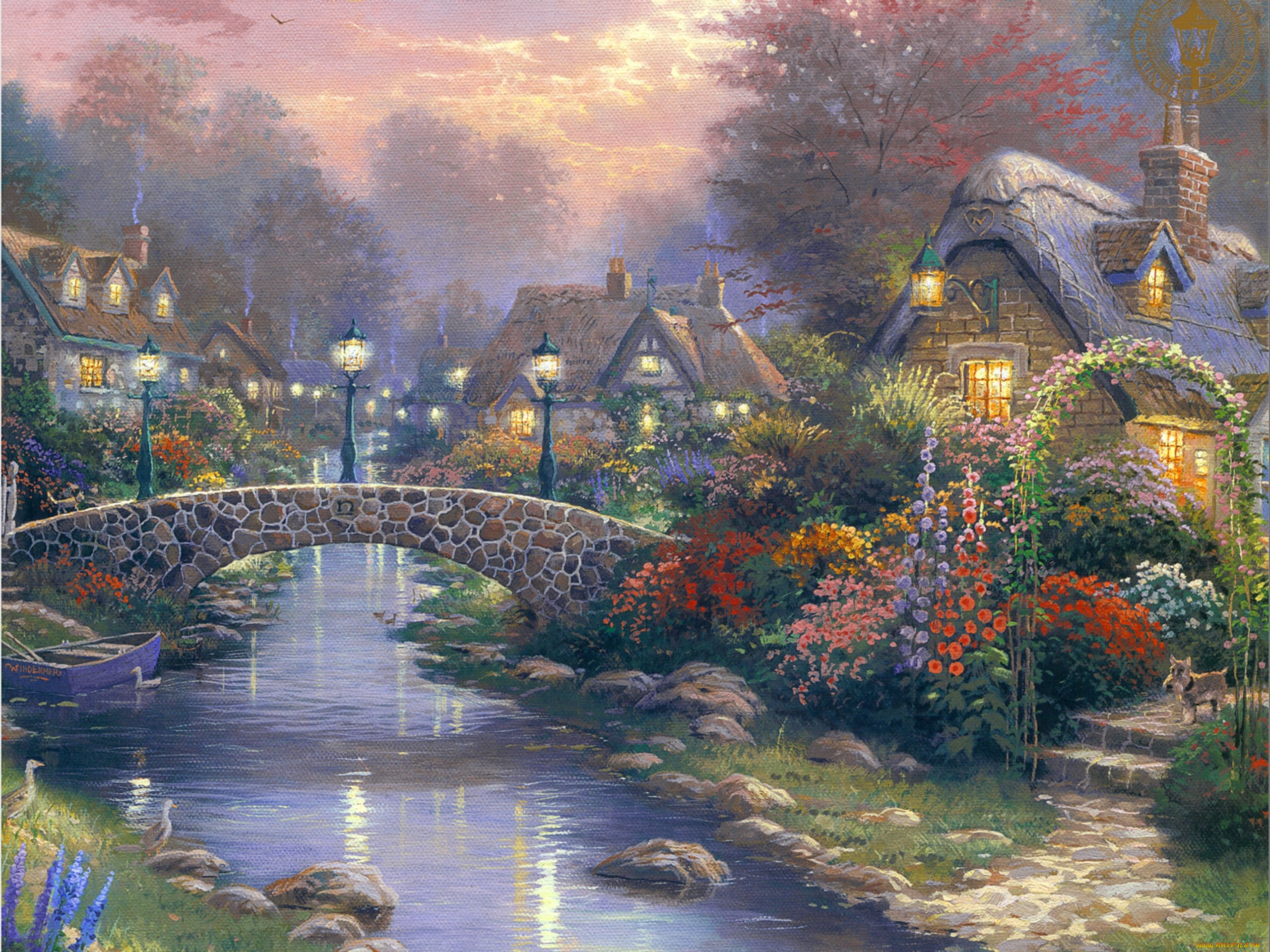 lamplight, bridge, рисованные, thomas, kinkade, evening, painting, art, томас, кинкейд, живопись, мост, фонари, вечер