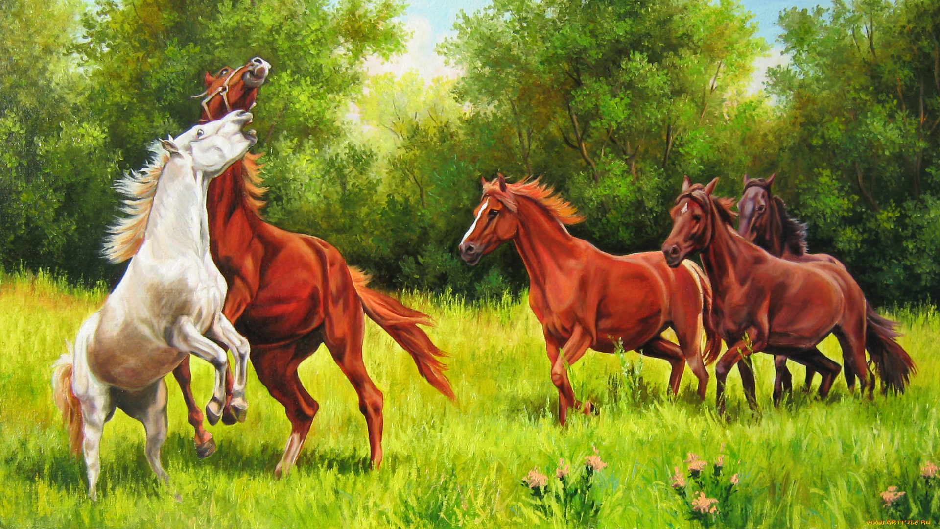 рисованные, животные, , лошади, лес, кони, игривые