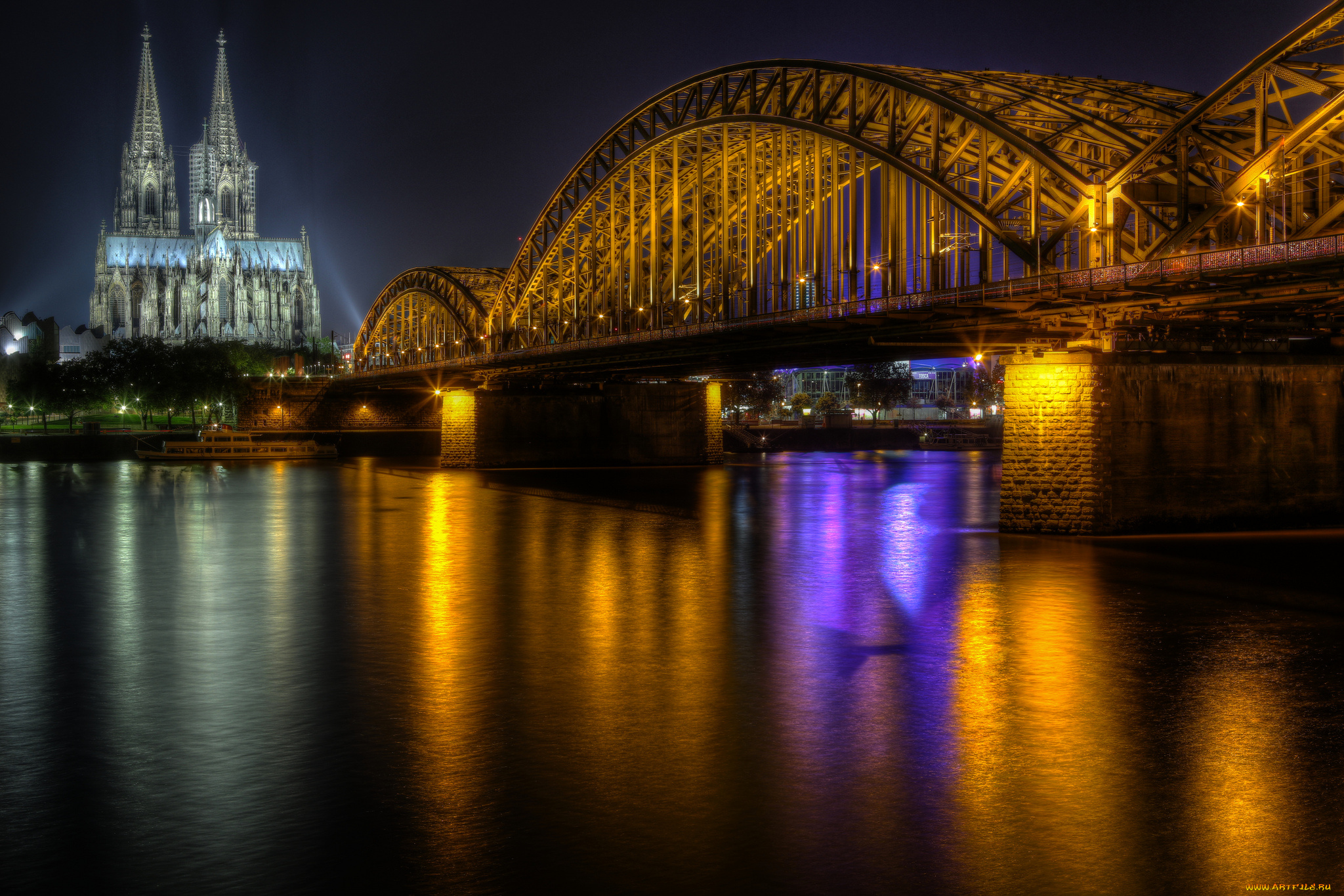 cologne, cathedral, and, hohenzollern, bridge, города, кельн, , германия, ночь, река, мост, собор, огни