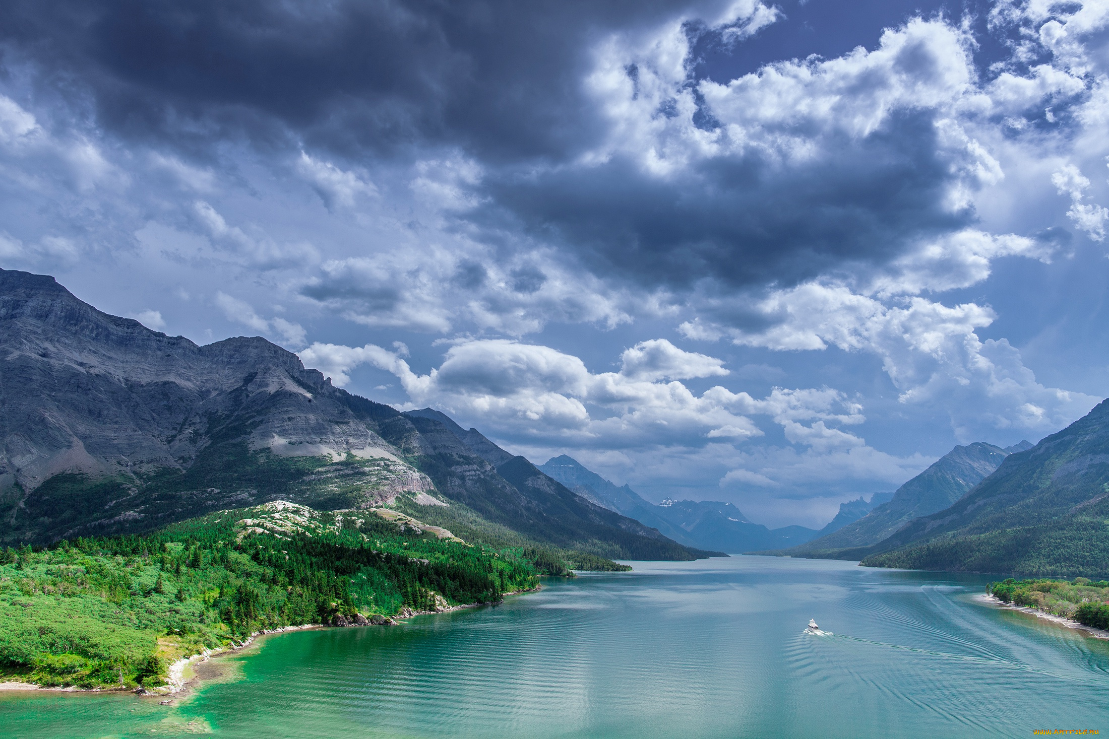 природа, пейзажи, лес, небо, облака, горы, канада, alberta, waterton, lakes, national, park