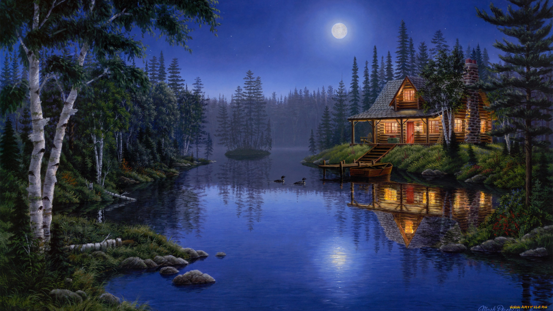 moonlight, serenade, рисованные, mark, daehlin, lake, house, night, forest, painting, ducks