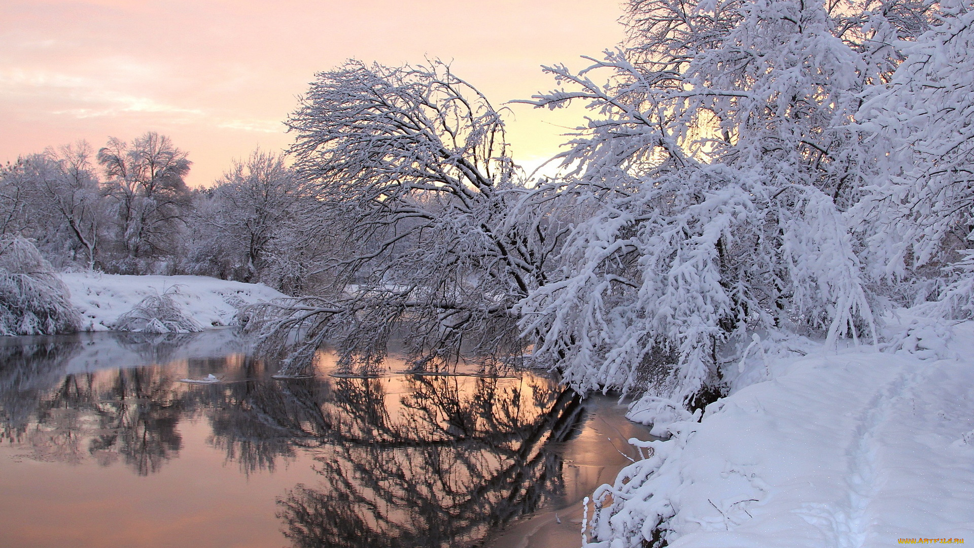 природа, зима, снег, деревья, река