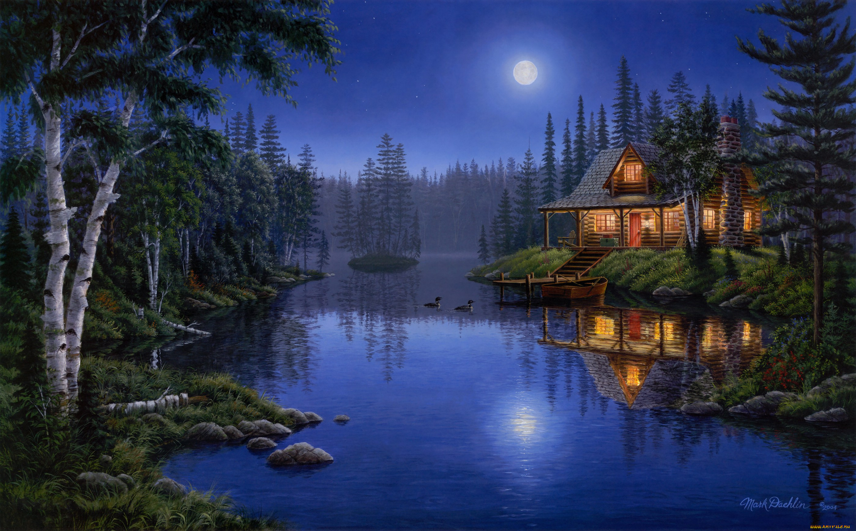 moonlight, serenade, рисованные, mark, daehlin, lake, house, night, forest, painting, ducks