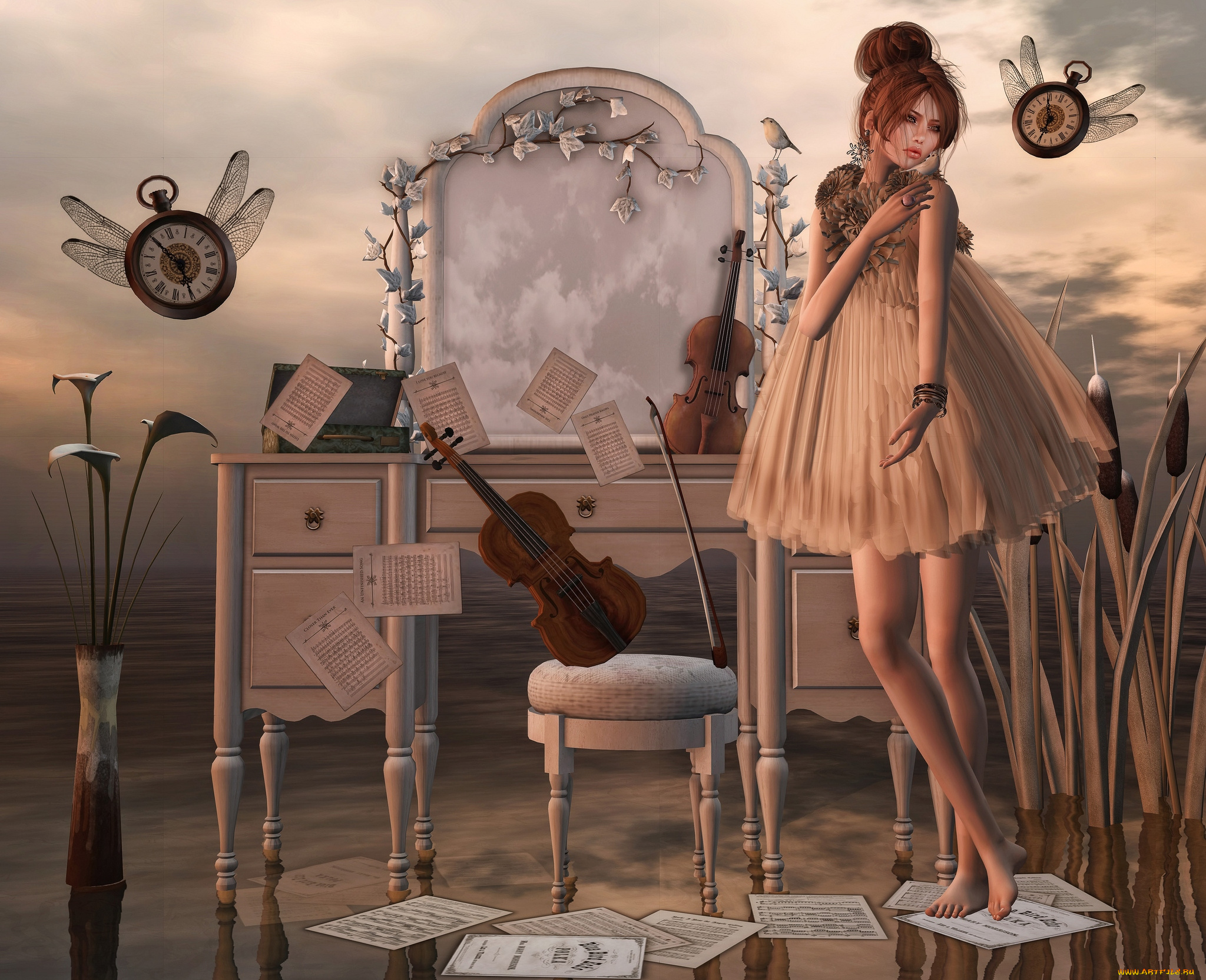 3д, графика, fantasy, фантазия, девушка, часы, скрипка, зеркало