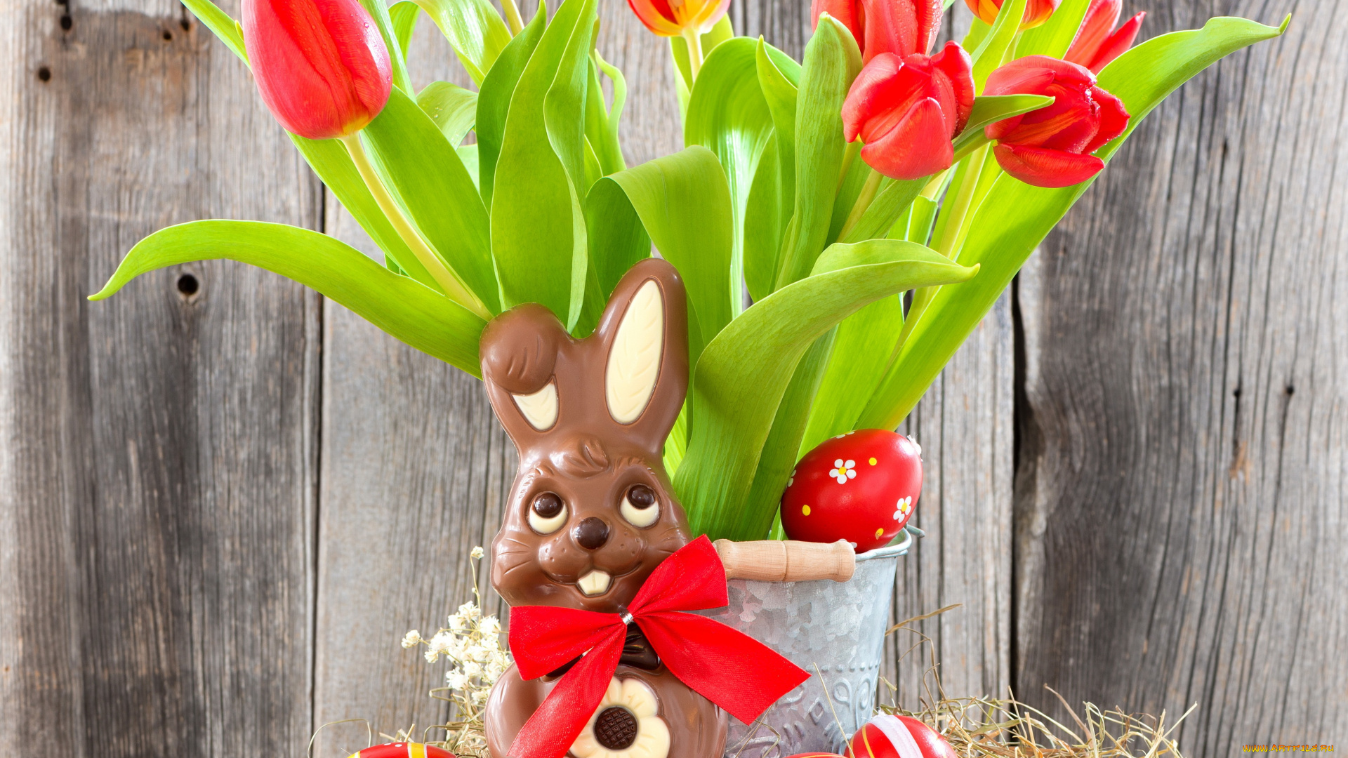 праздничные, пасха, easter, eggs, bunny, tulips, red, яйца, тюльпаны, flowers