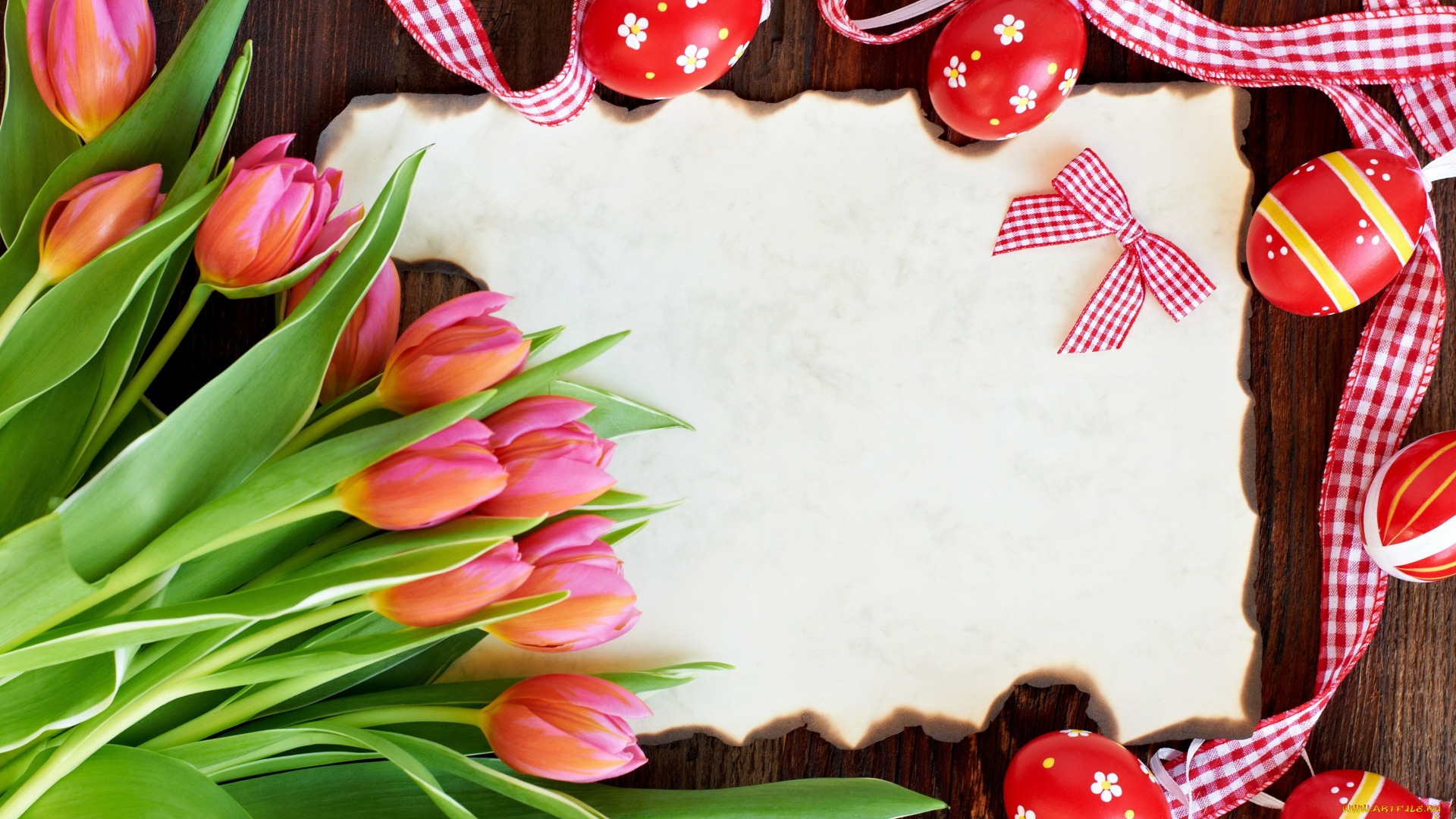праздничные, пасха, тюльпаны, card, tulips, red, flowers, eggs, easter