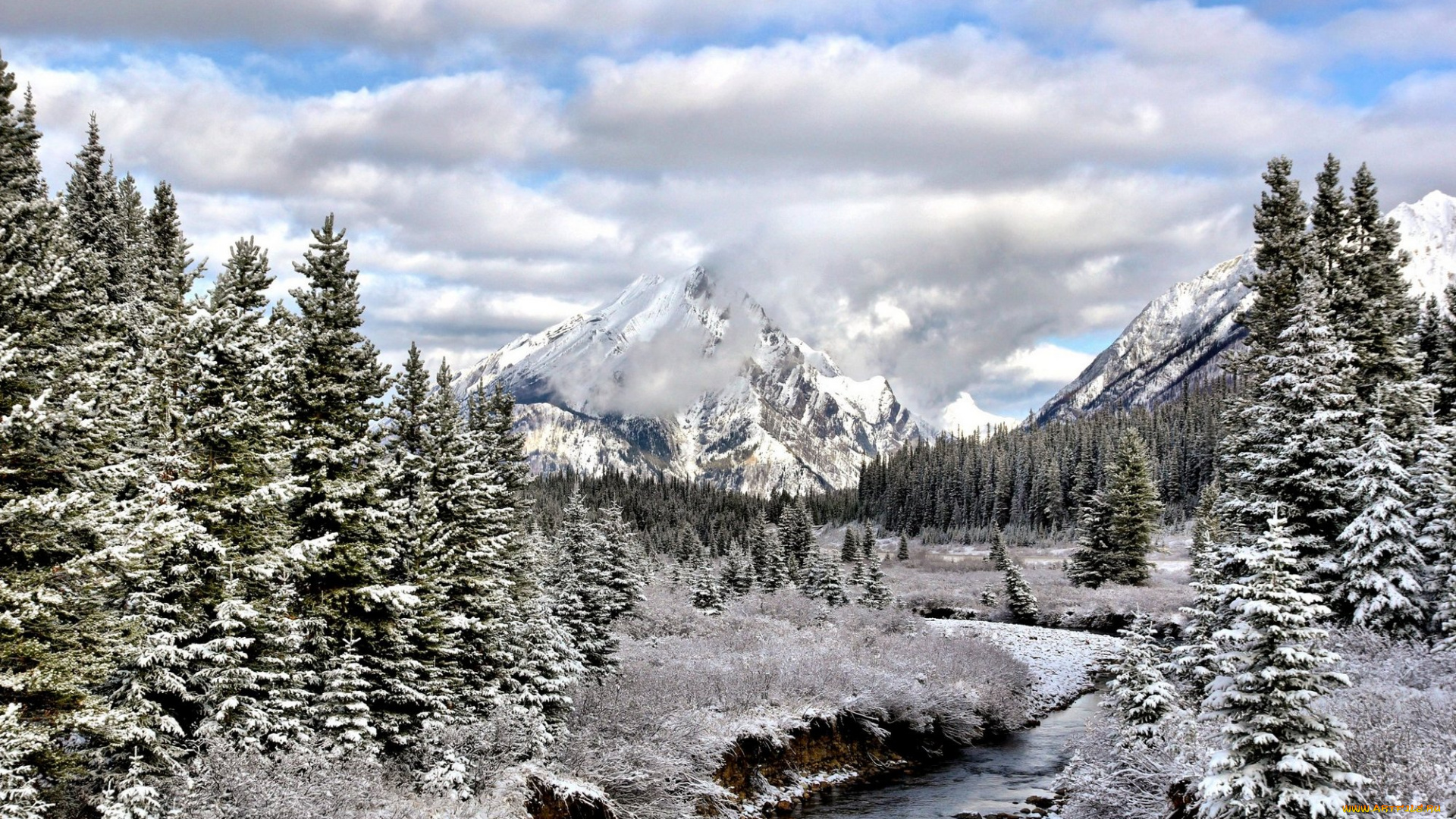 природа, зима, деревья, горы, река