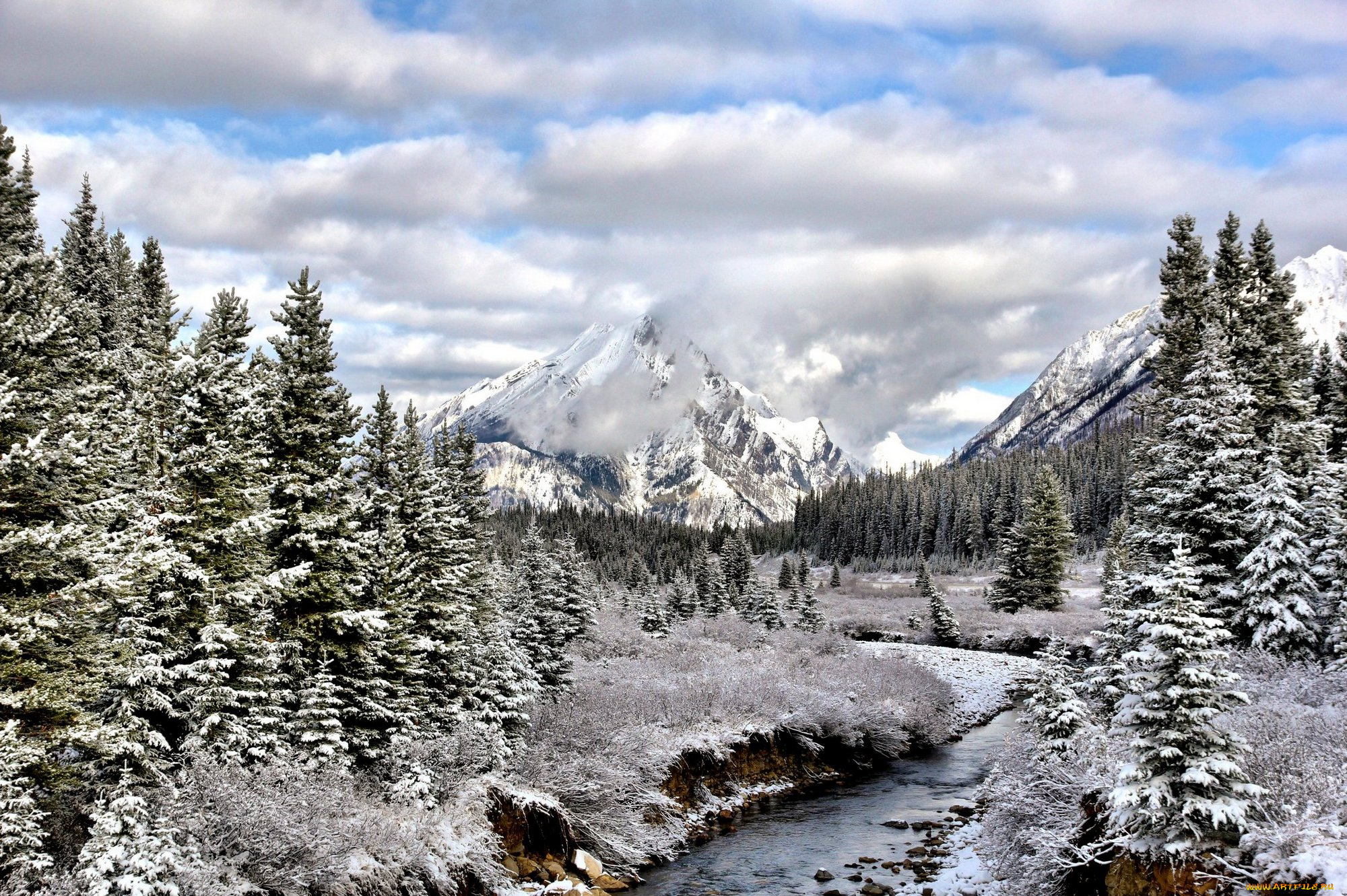природа, зима, деревья, горы, река