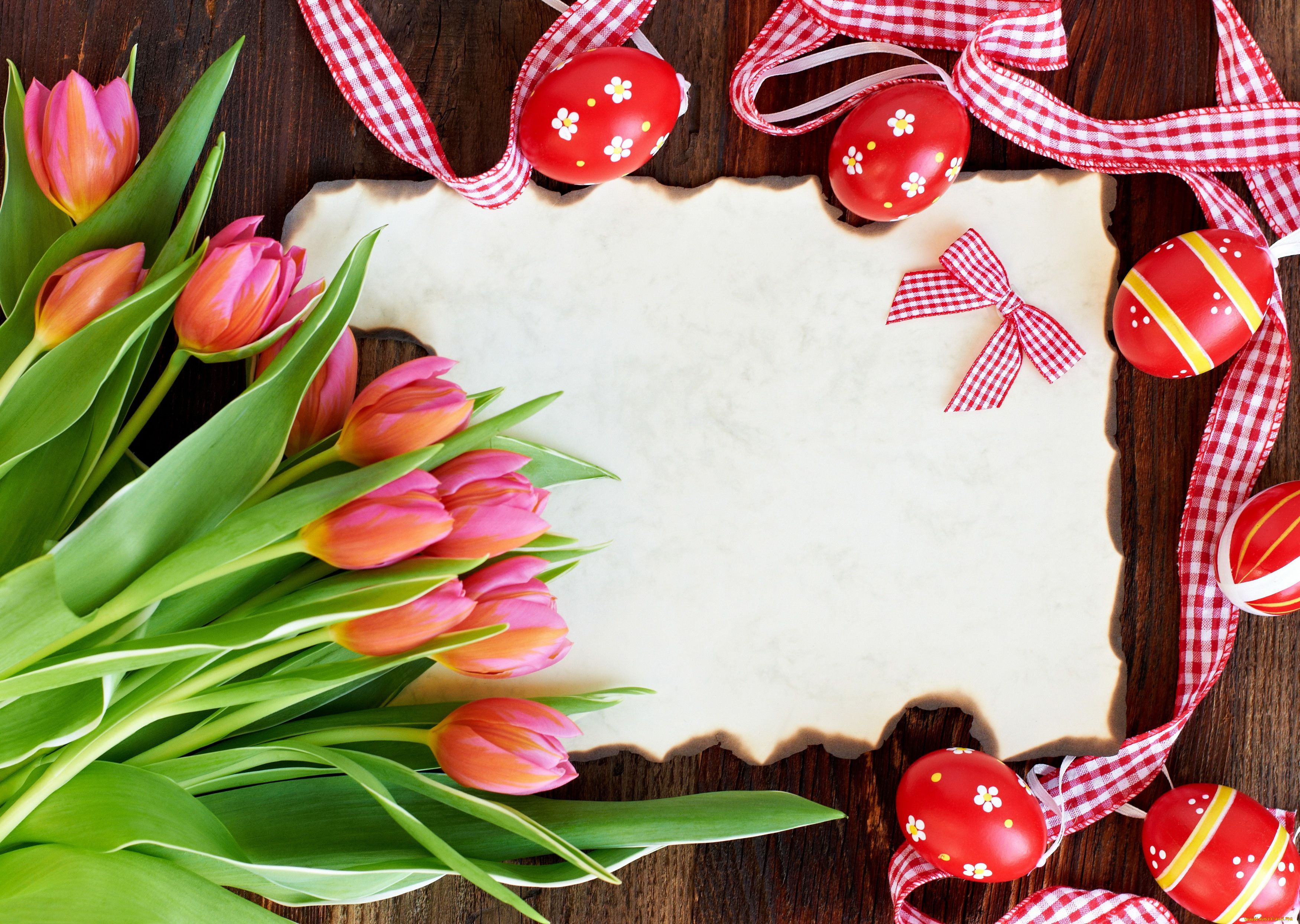 праздничные, пасха, тюльпаны, card, tulips, red, flowers, eggs, easter