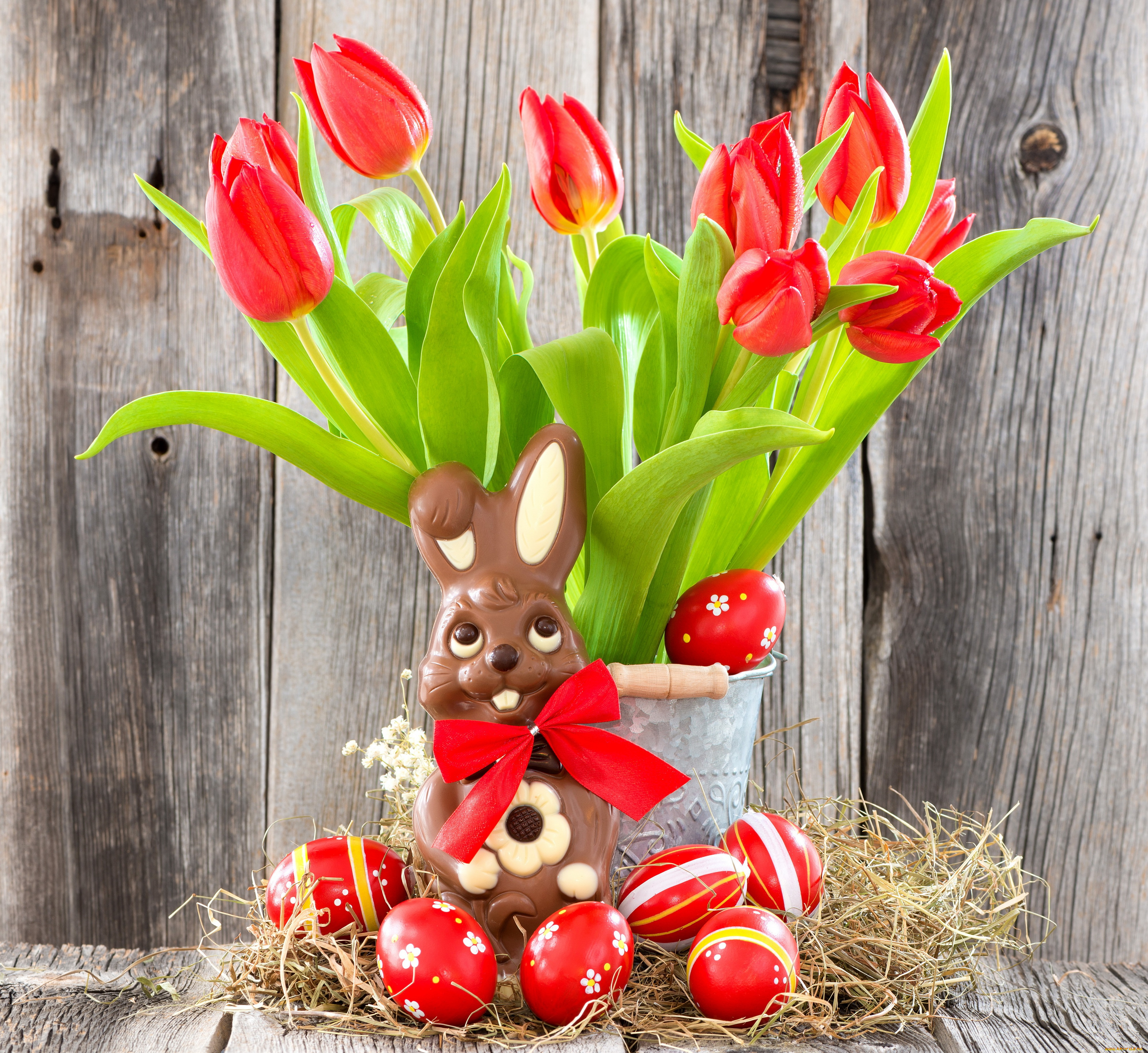 праздничные, пасха, easter, eggs, bunny, tulips, red, яйца, тюльпаны, flowers