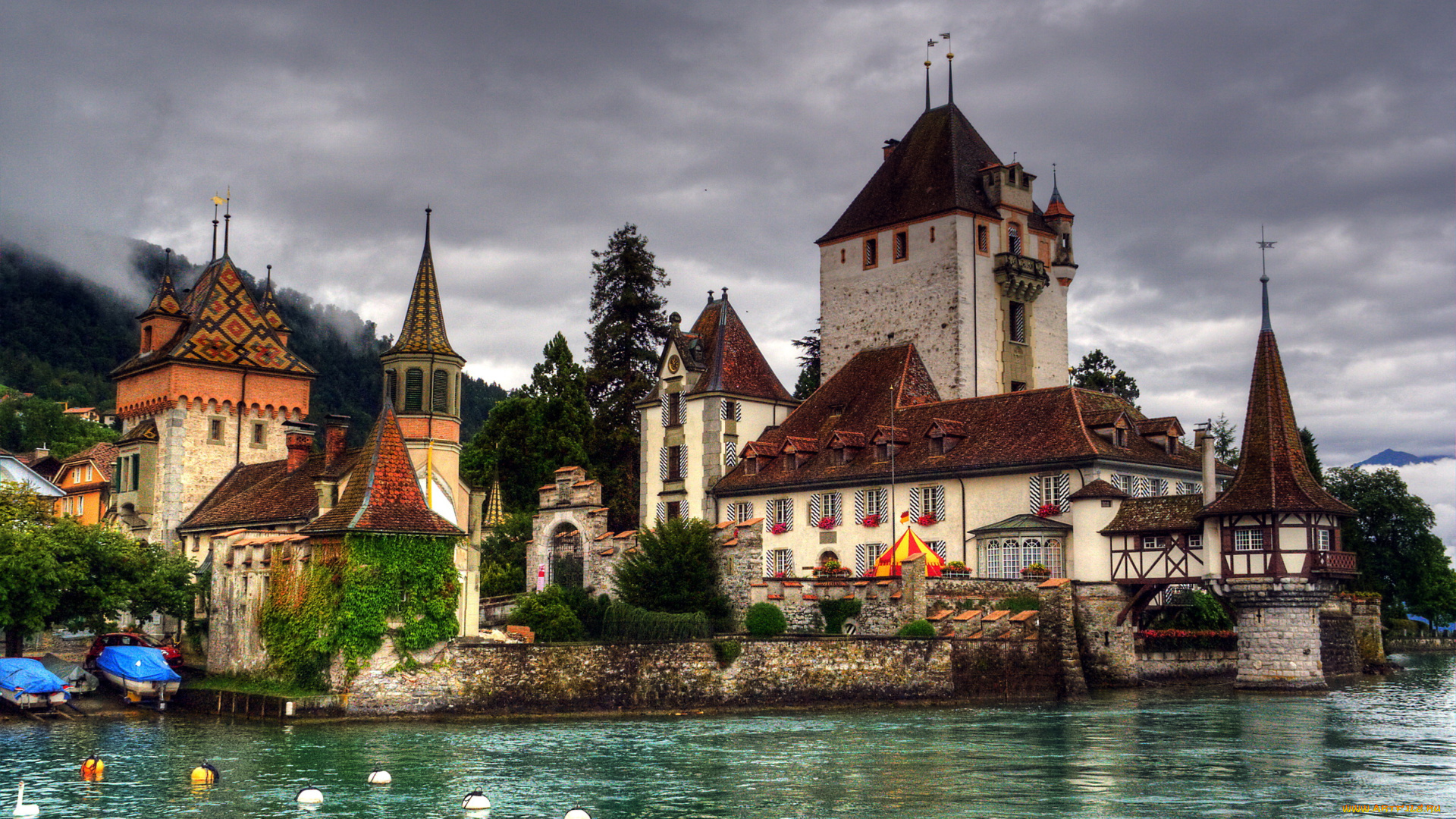 castillo, de, oberhofen, швейцария, города, замки, швейцарии, пейзаж, побережье, река, замок