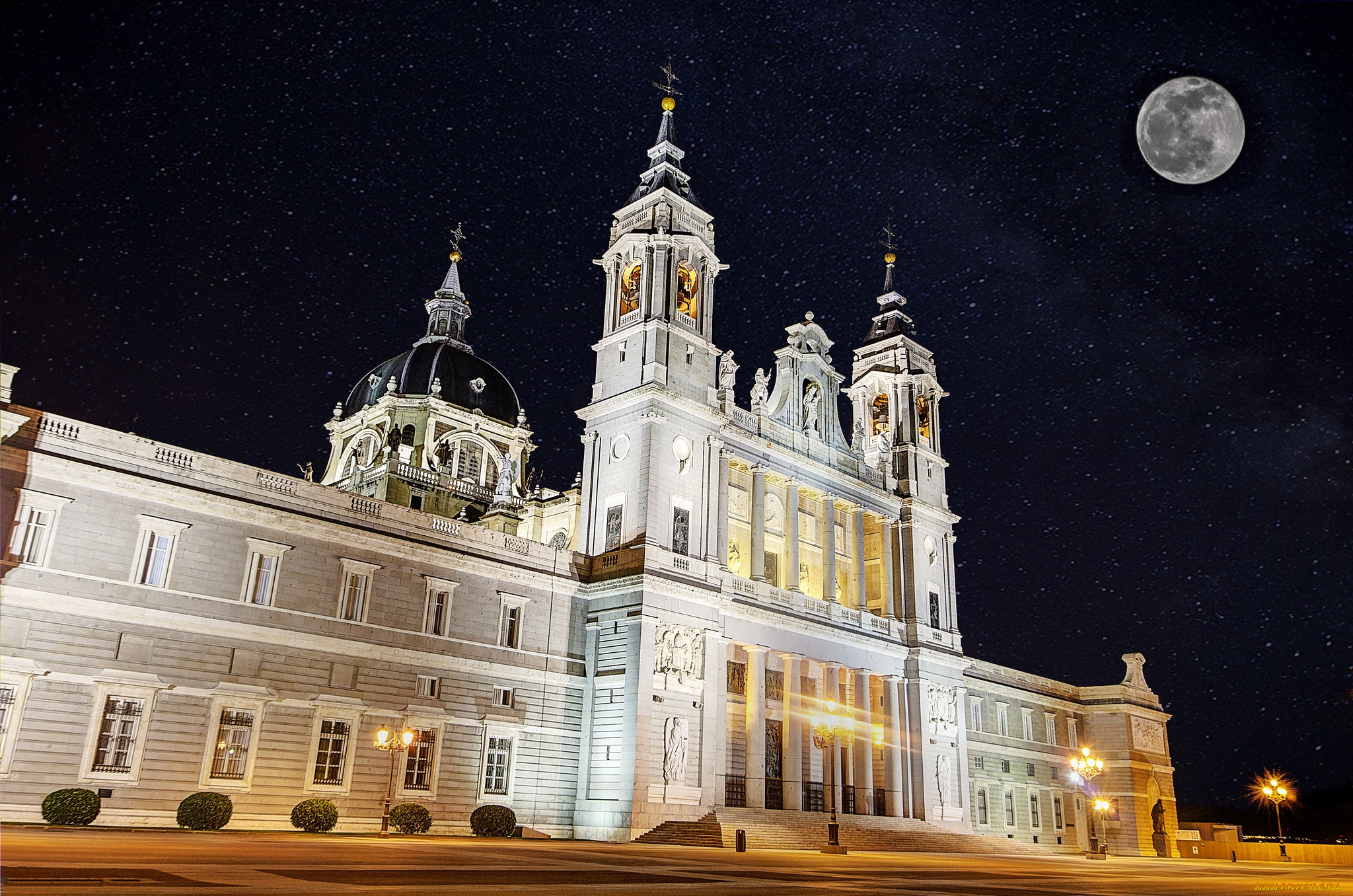 catedral, de, la, almudena, , madrid, города, мадрид, , испания, собор, луна, звезды, ночь