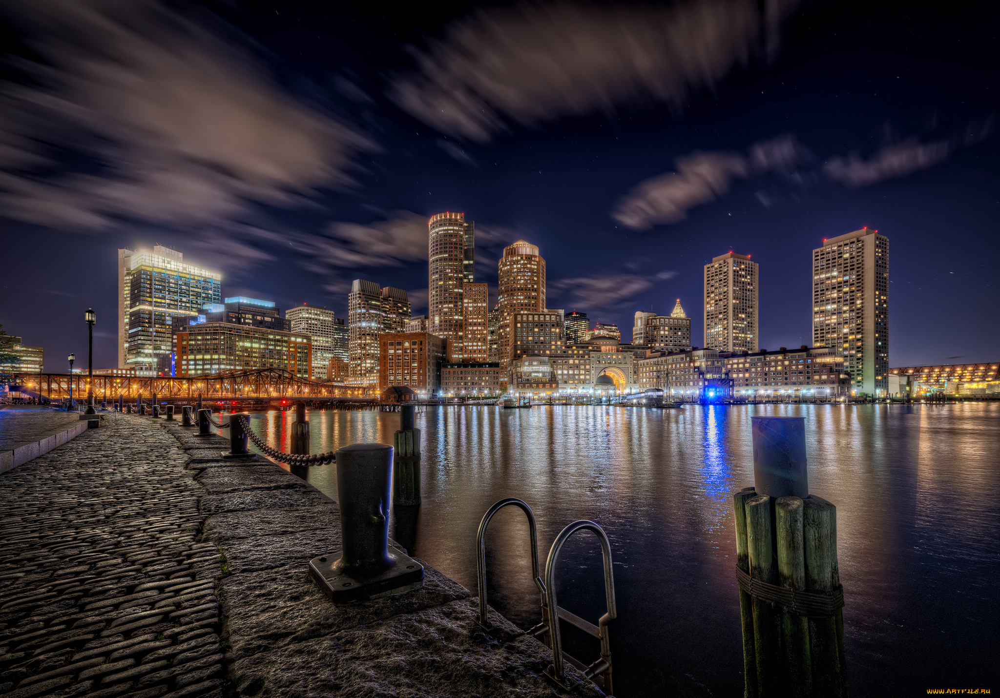 boston, harborwalk, города, бостон, , сша, набережная, ночь, огни, небоскребы