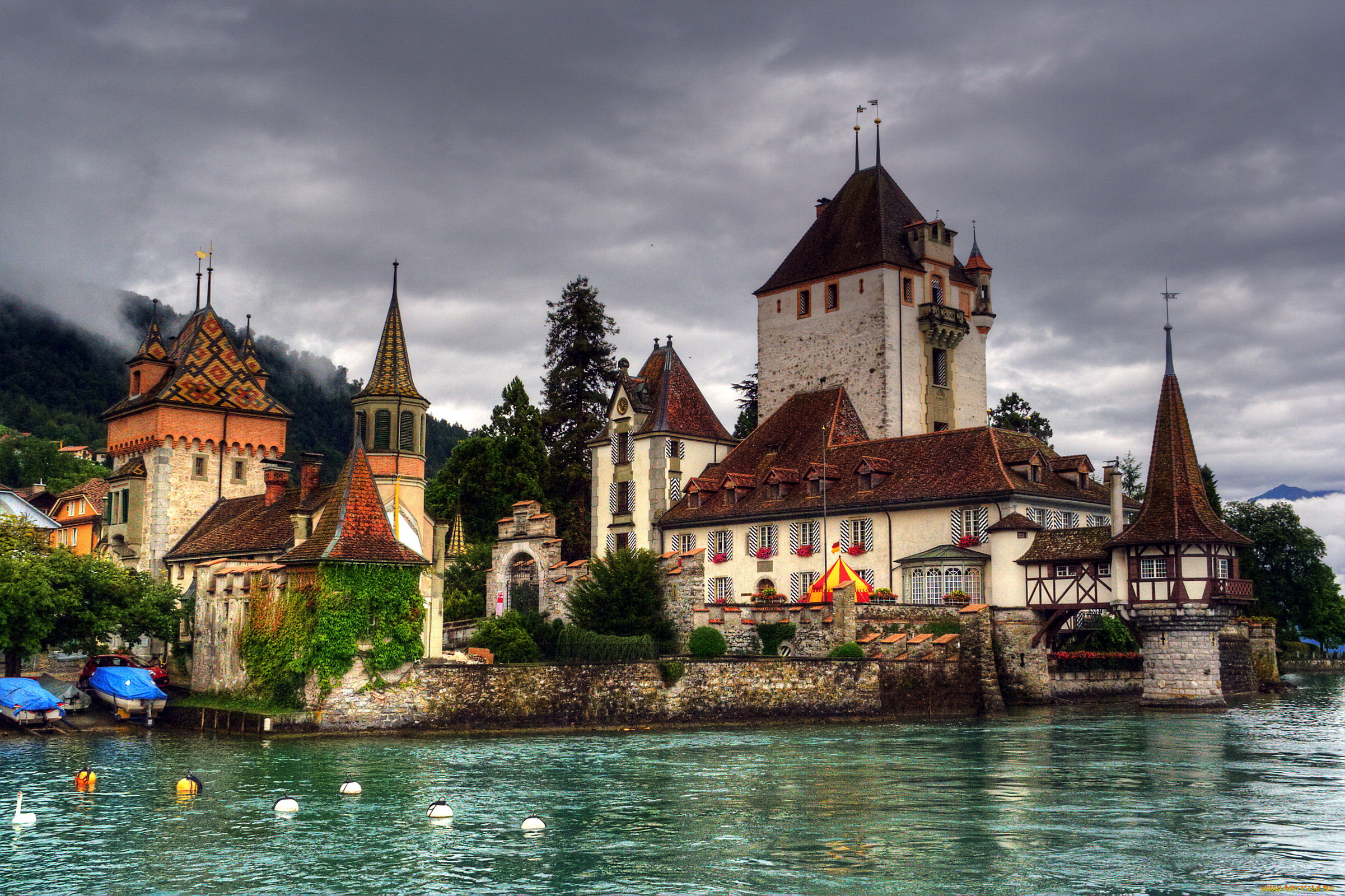castillo, de, oberhofen, швейцария, города, замки, швейцарии, пейзаж, побережье, река, замок