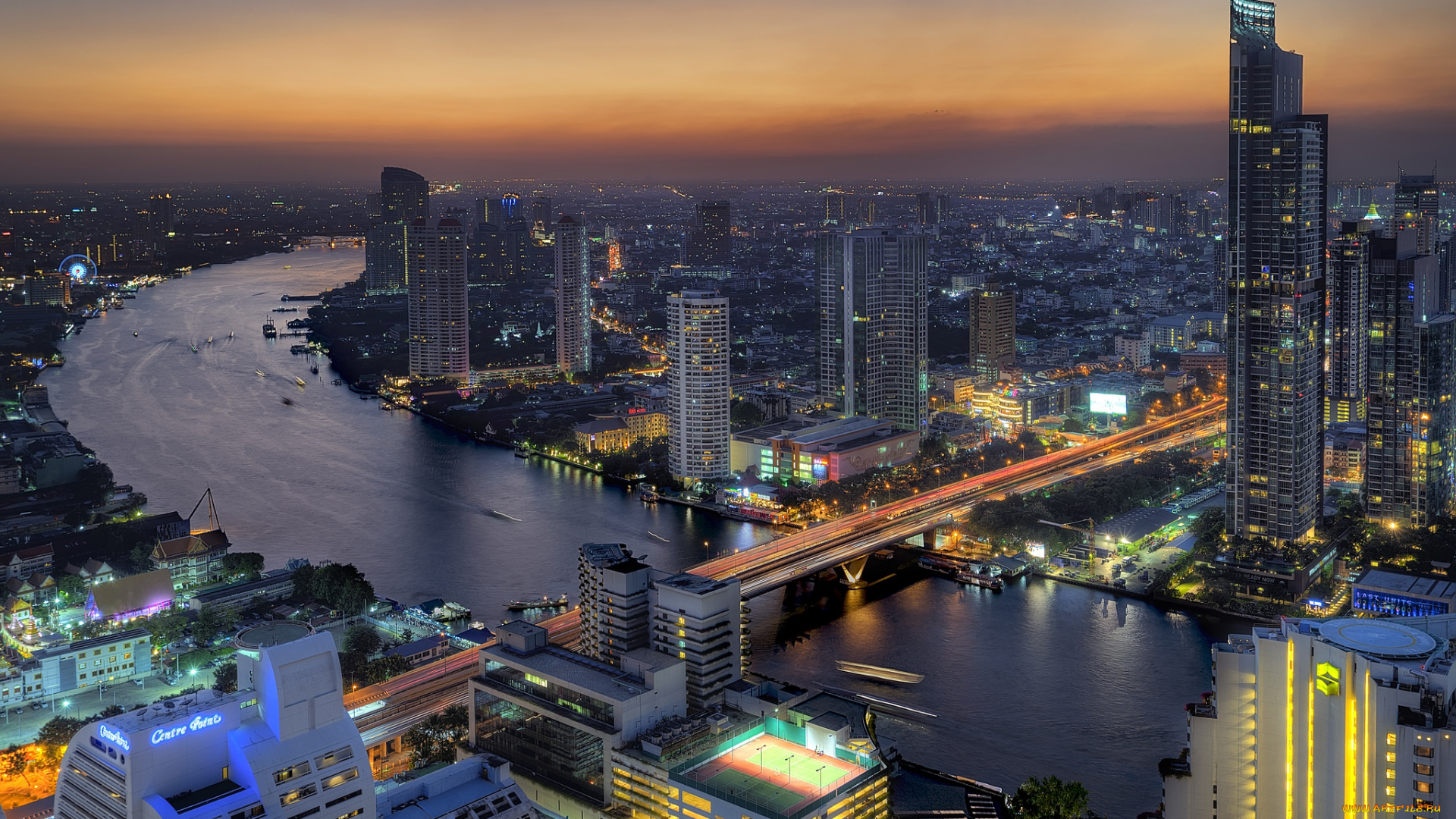 chao, phraya, river, города, -, панорамы, ночь, река, мост, огни