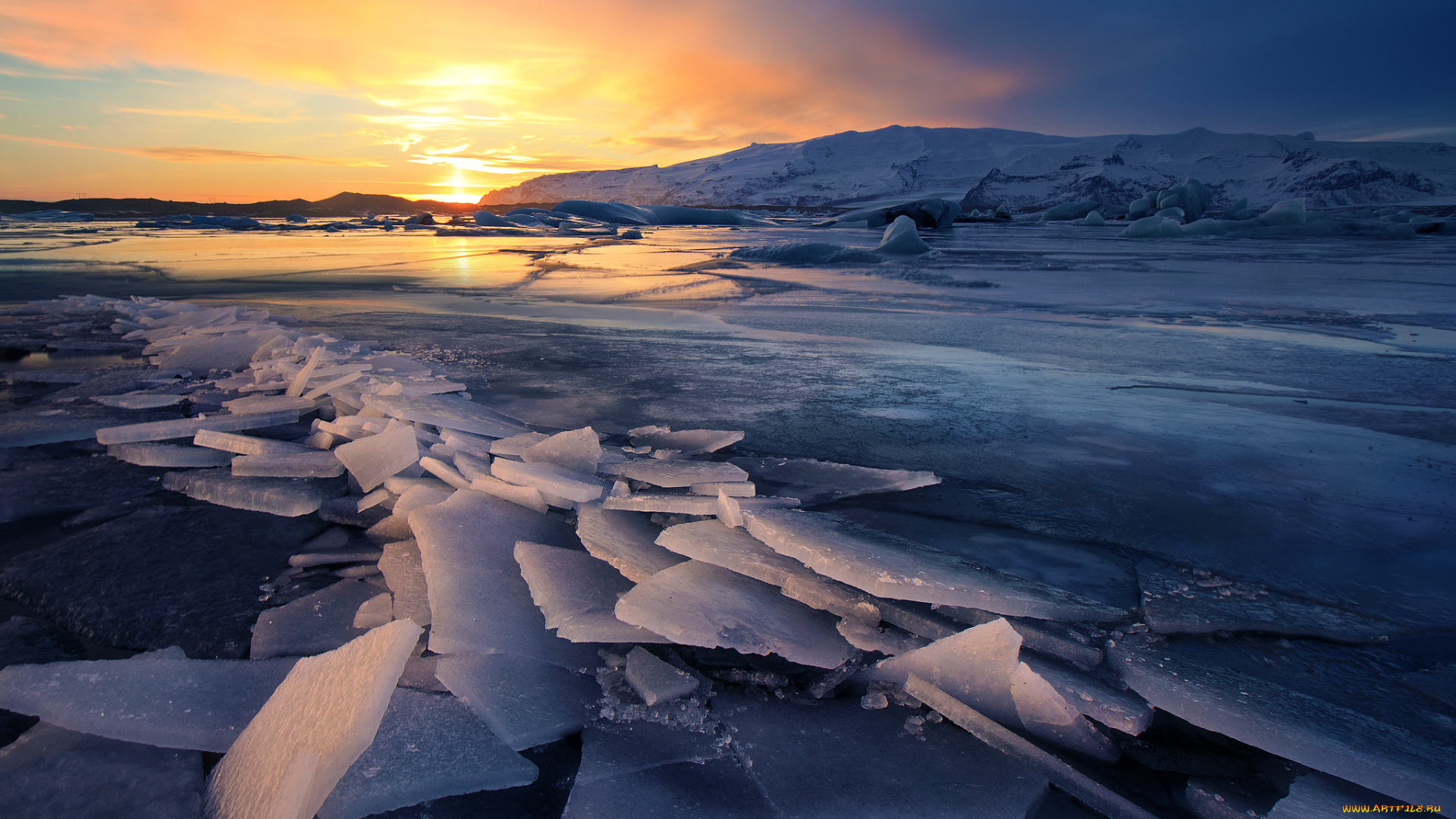 природа, зима, ледник, лед, исландия, пейзаж, закат