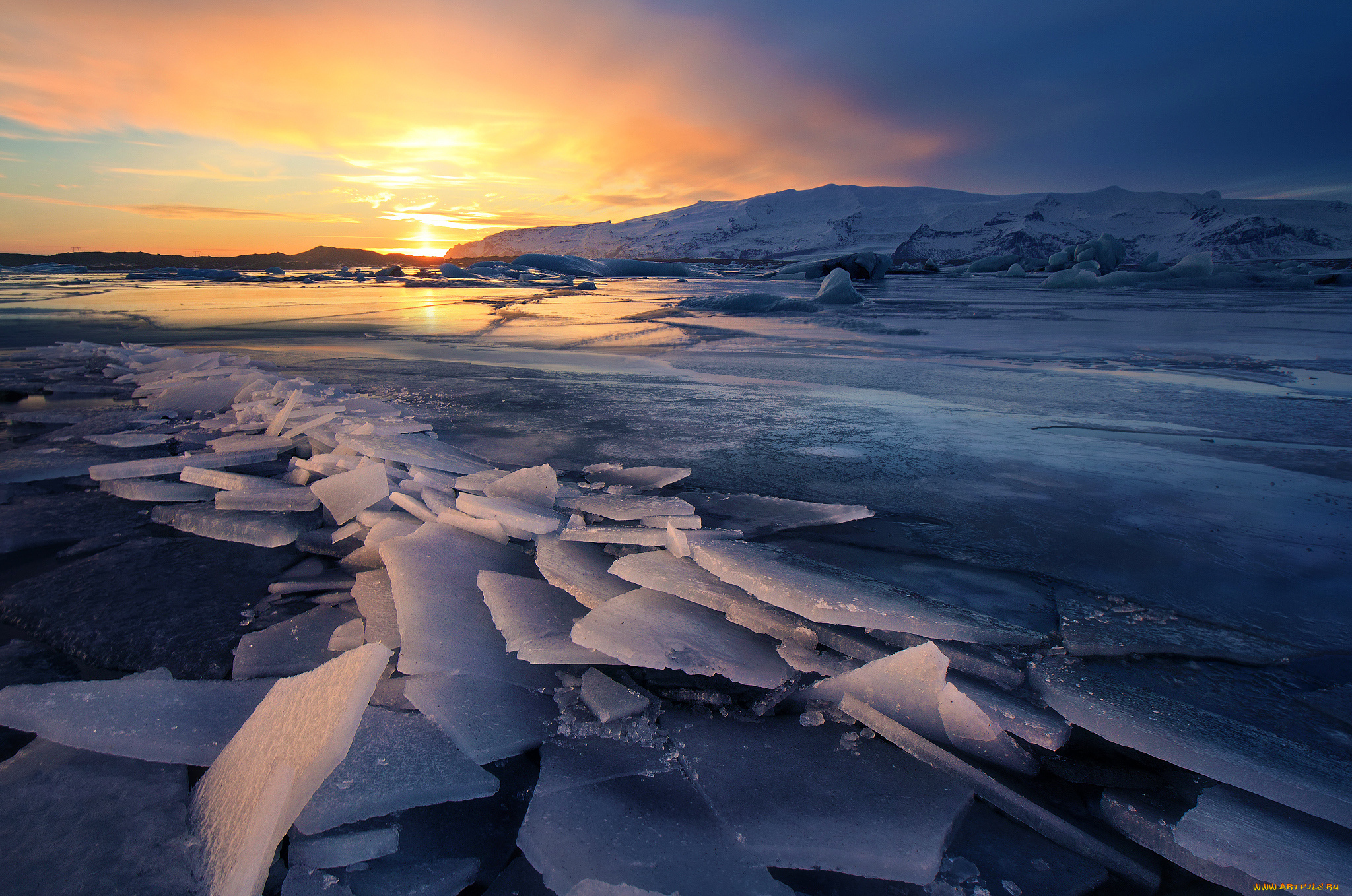 природа, зима, ледник, лед, исландия, пейзаж, закат
