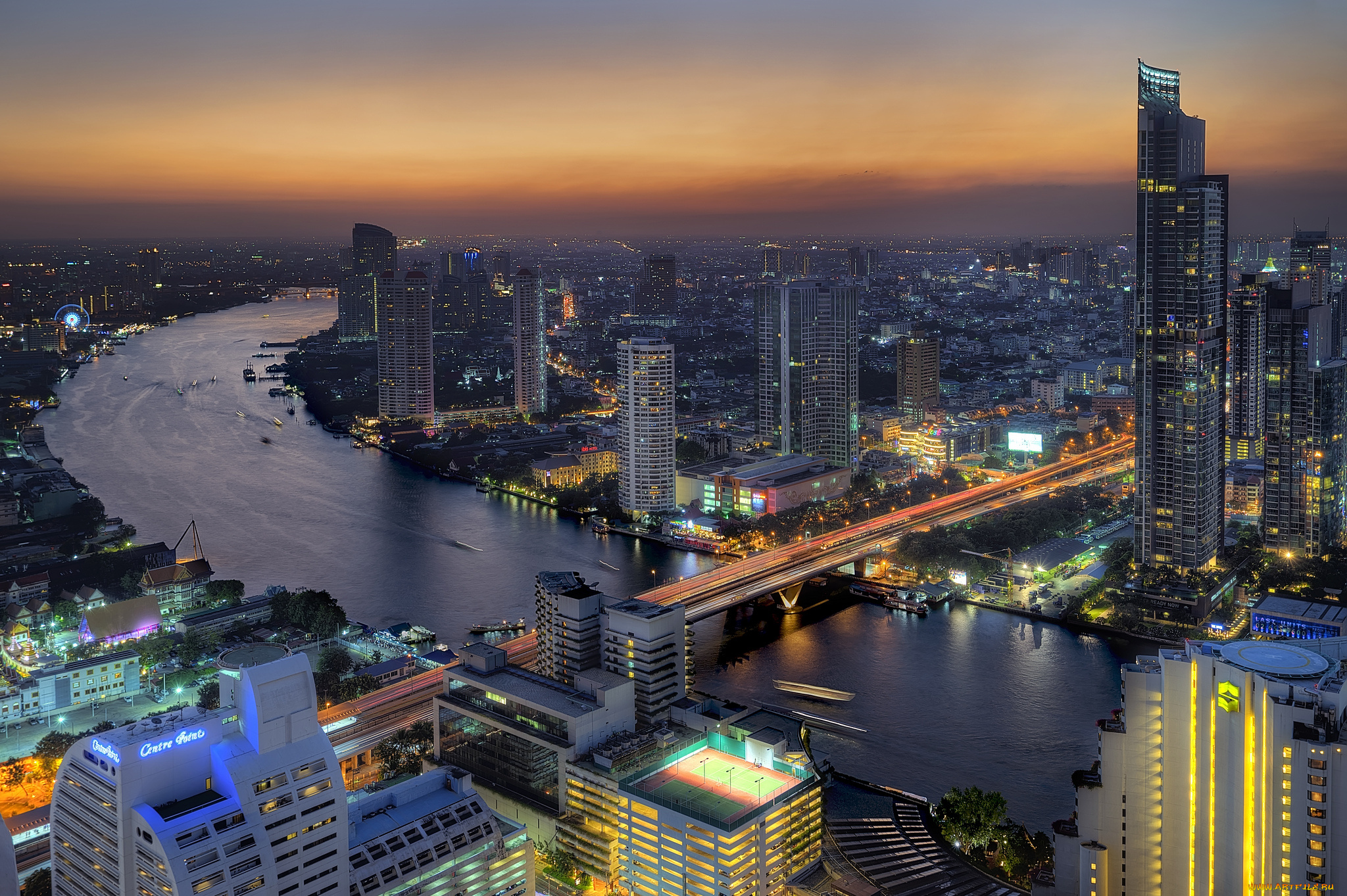 chao, phraya, river, города, -, панорамы, ночь, река, мост, огни