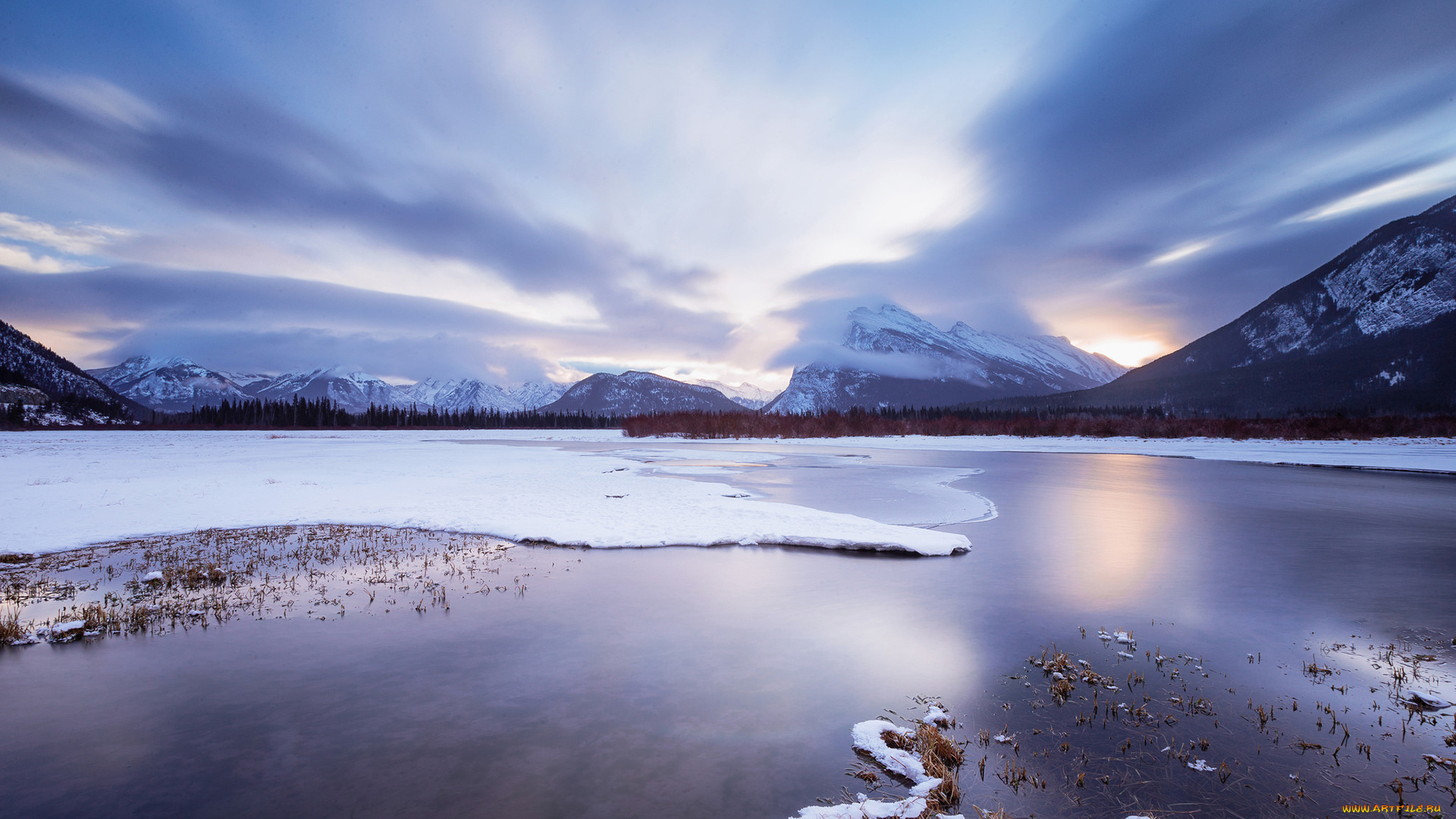 природа, пейзажи, lake, ice, mountain, vermilion, snow, cloud, sunset