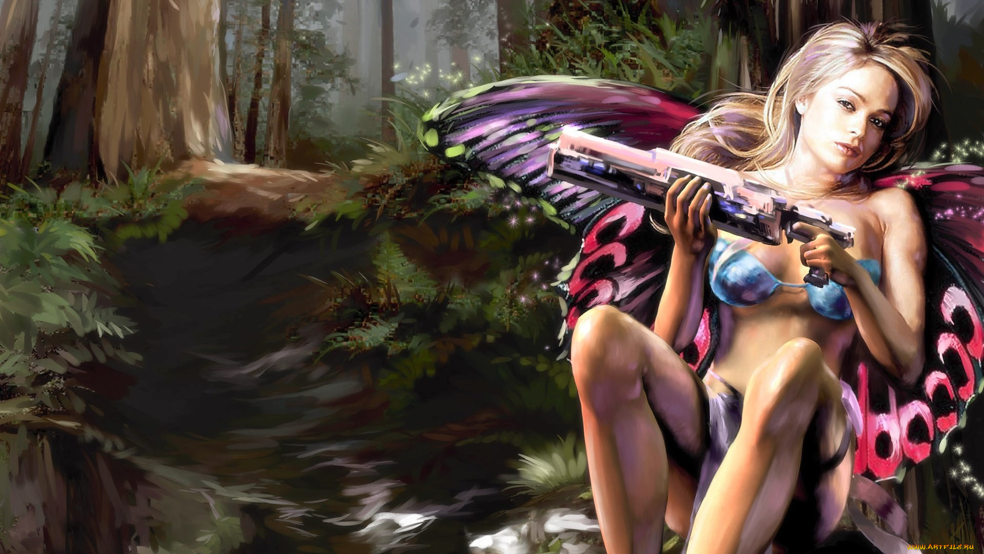 фэнтези, феи, девушка, фея, крылья, оружие, лес