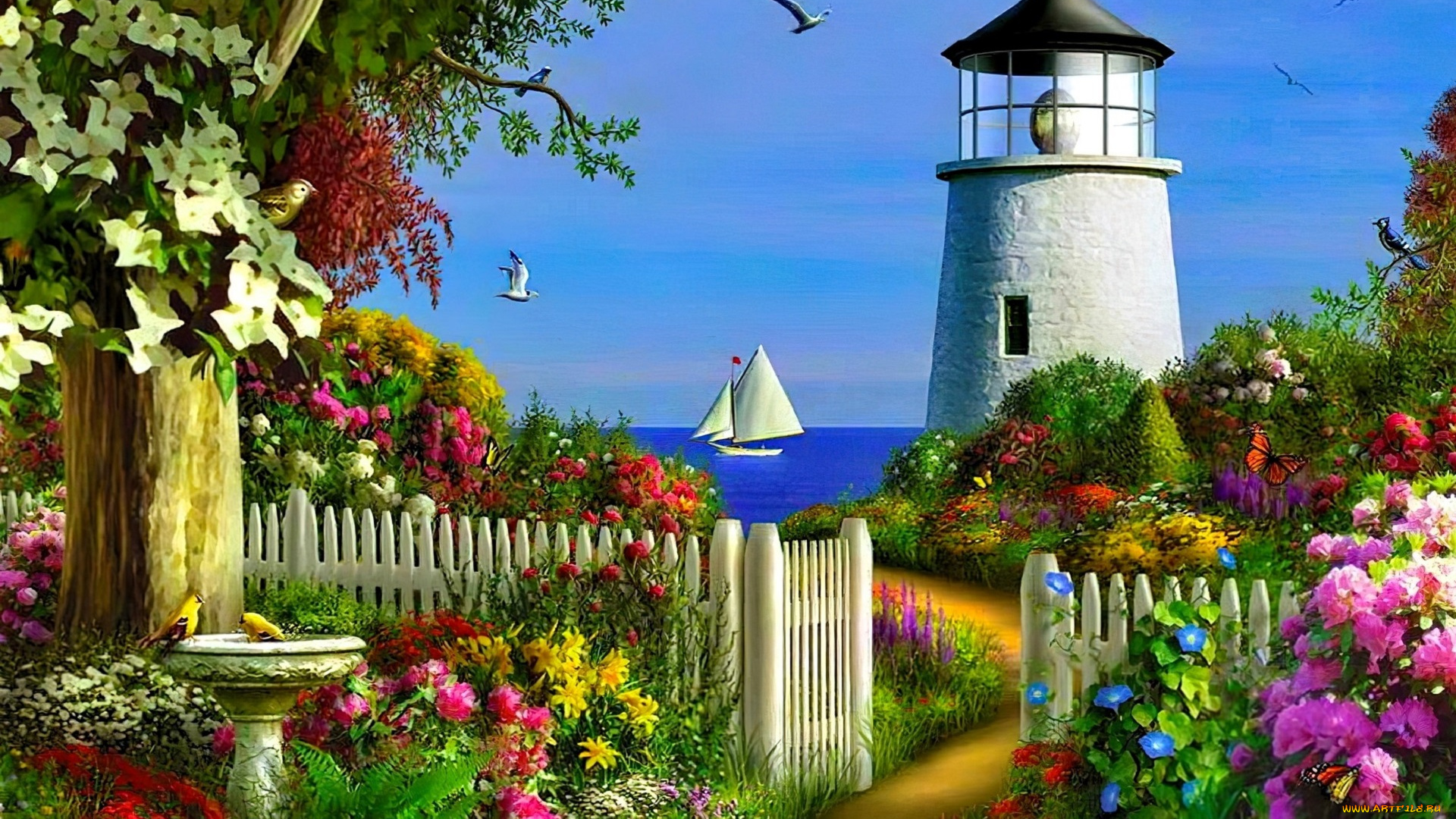 рисованное, alan, giana, маяк, сад, цветы, деревья, забор, яхта, море