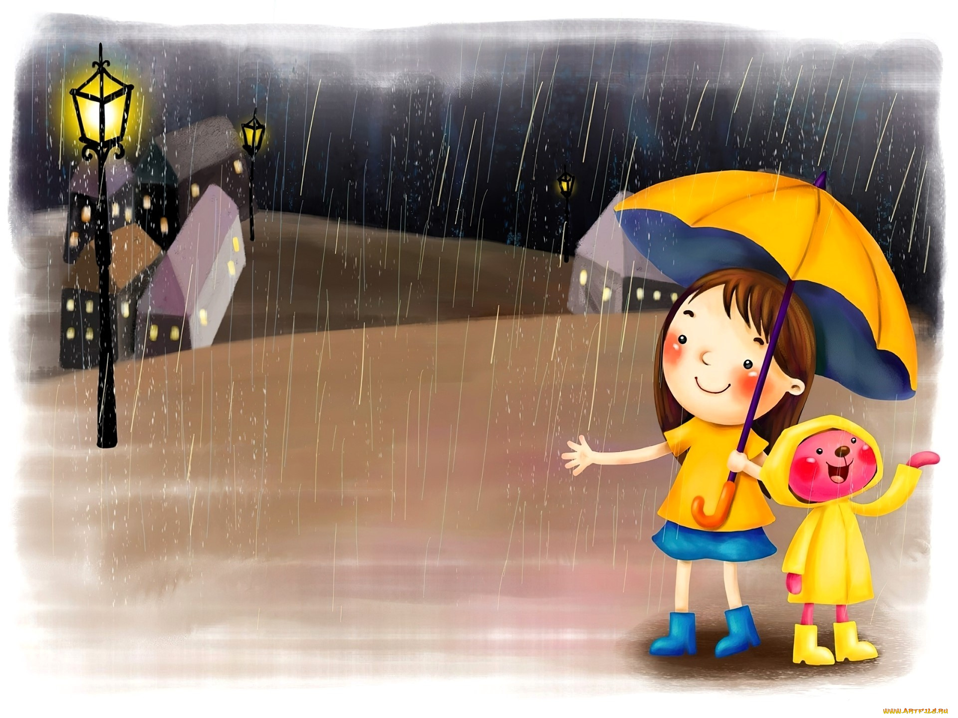 рисованное, дети, девочка, мишка, зонт, дождь, дома