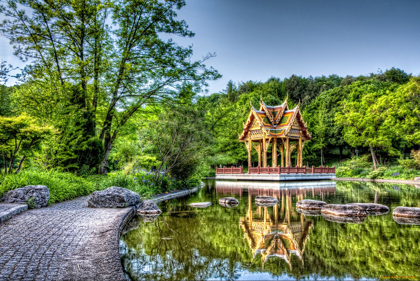 thai, sala, pagode, westpark, munich, germany, природа, парк, пруд, пагода, германия, мюнхен