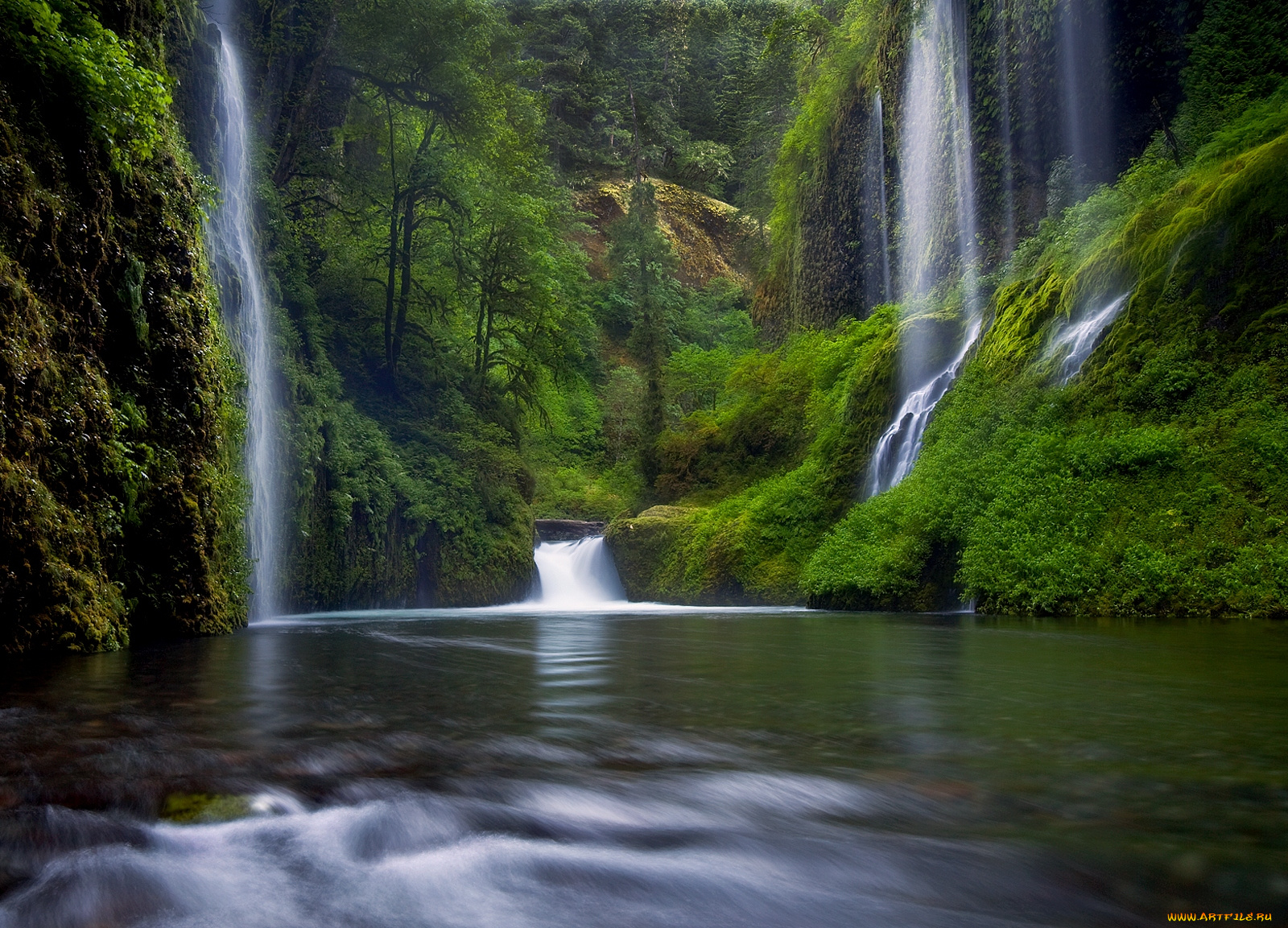 природа, водопады, поток, зелень, река