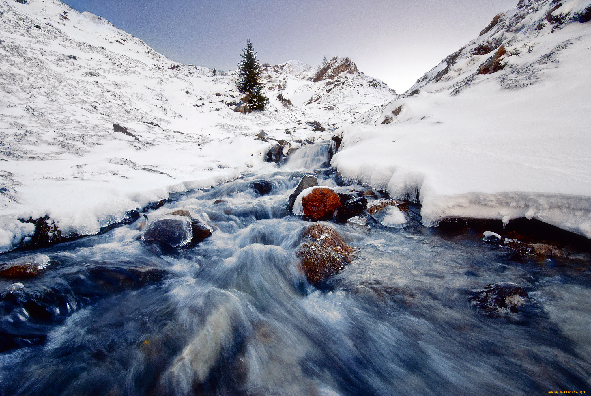 природа река снег зима камни без смс