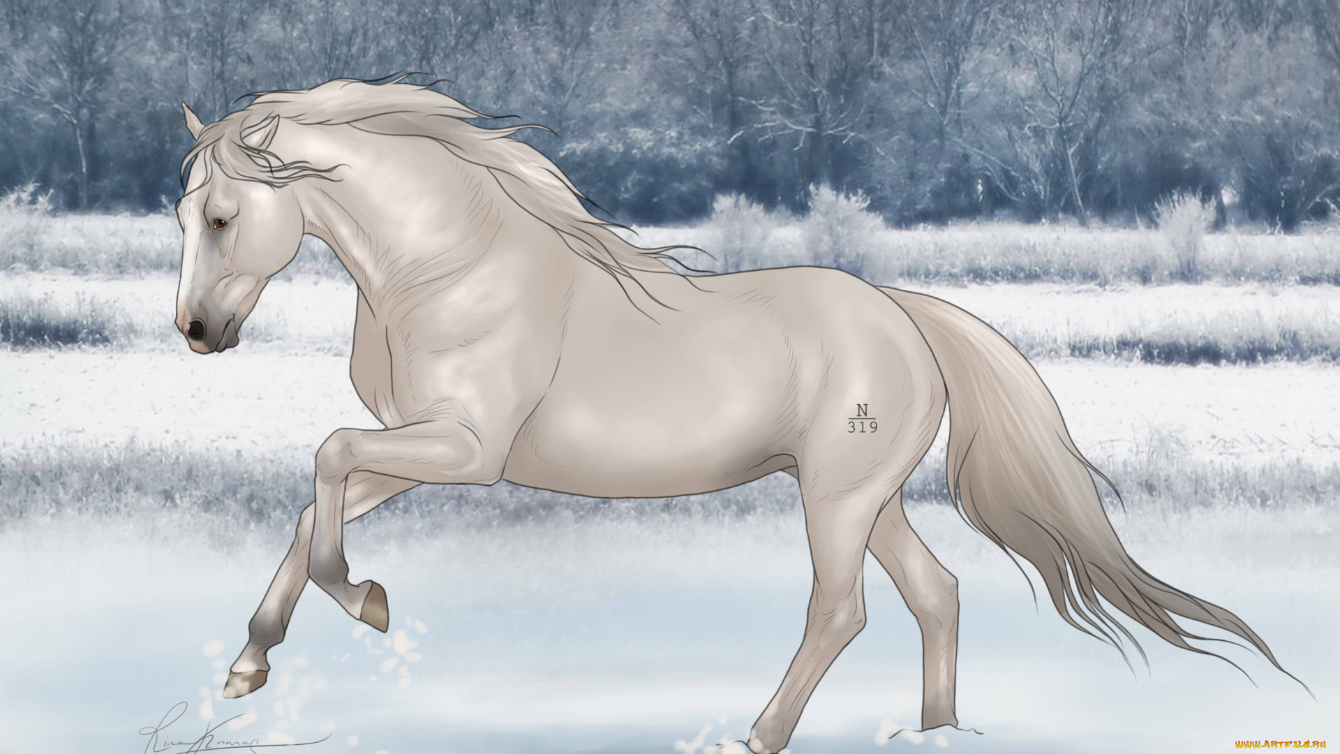 рисованные, животные, лошади, лошадь, снег