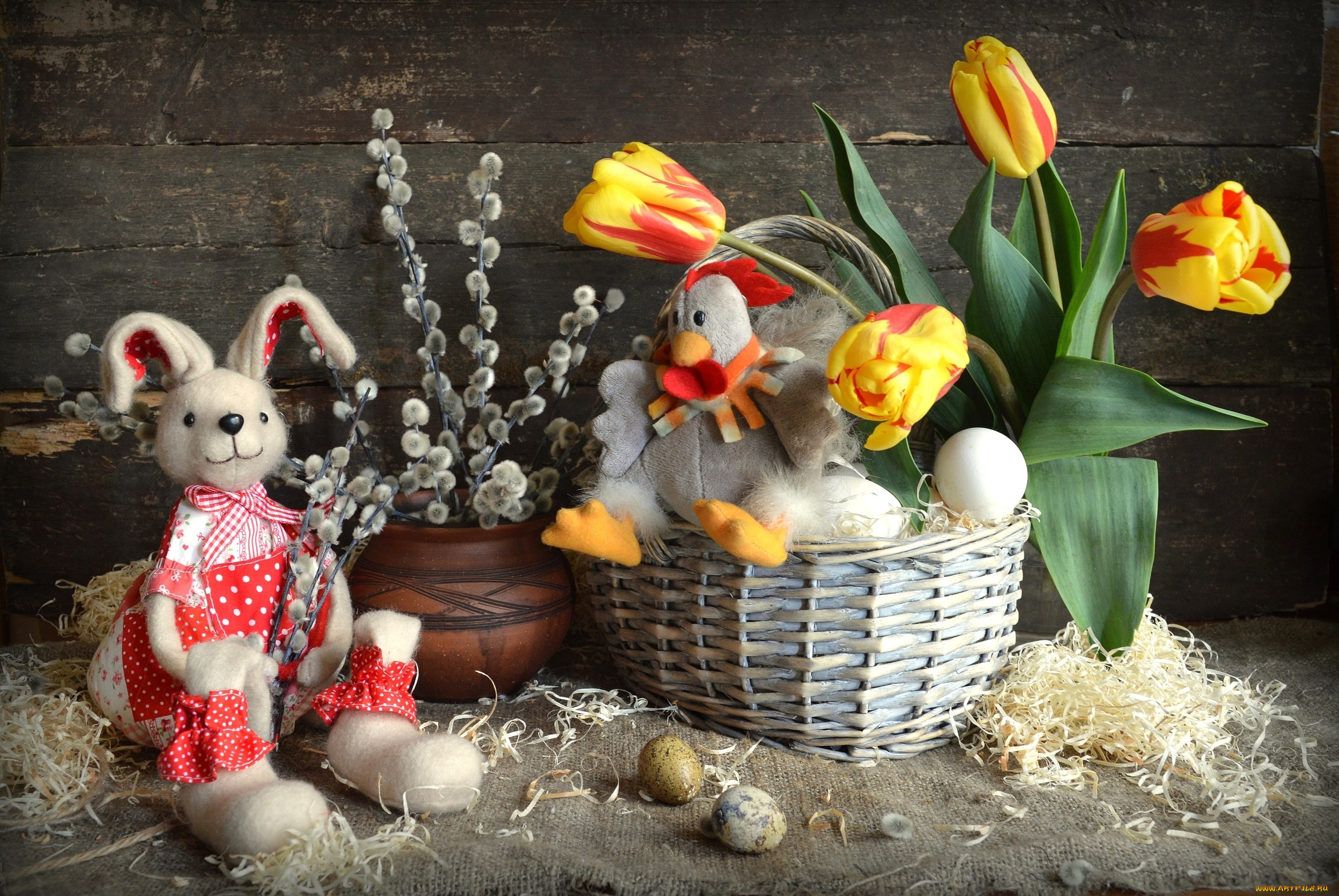 праздничные, пасха, игрушки, кролик, курица, яйца, верба, тюльпаны