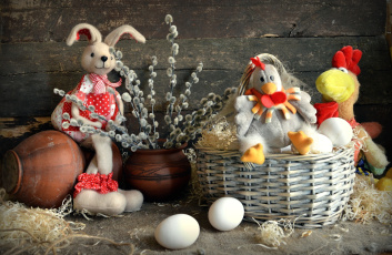 обоя праздничные, пасха, корзинка, яйцо, кролик, курица, игрушки, верба