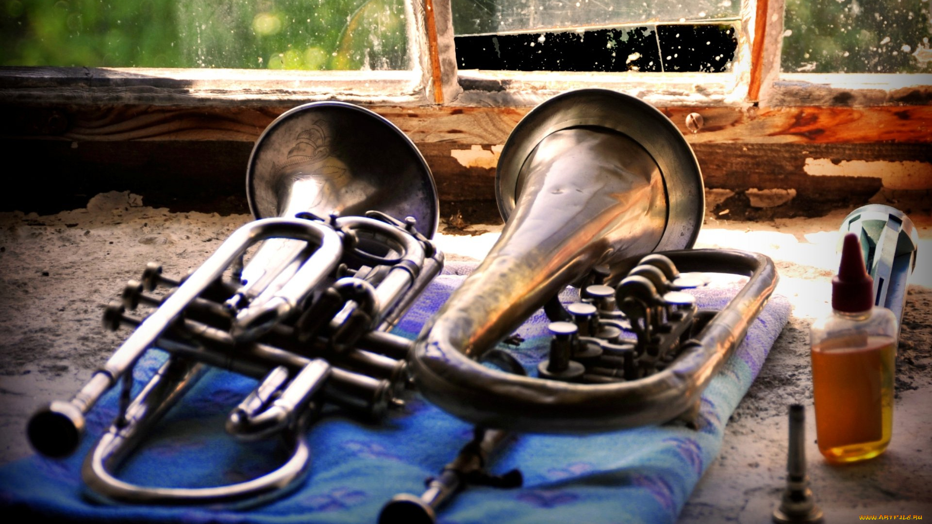 музыка, -музыкальные, инструменты, труба, окно